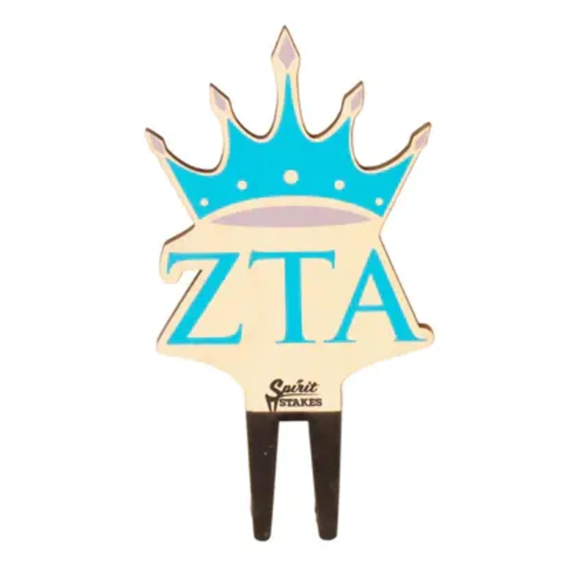 A crown-shaped stake with bold blue ZTA lettering delivers instant sorority pride