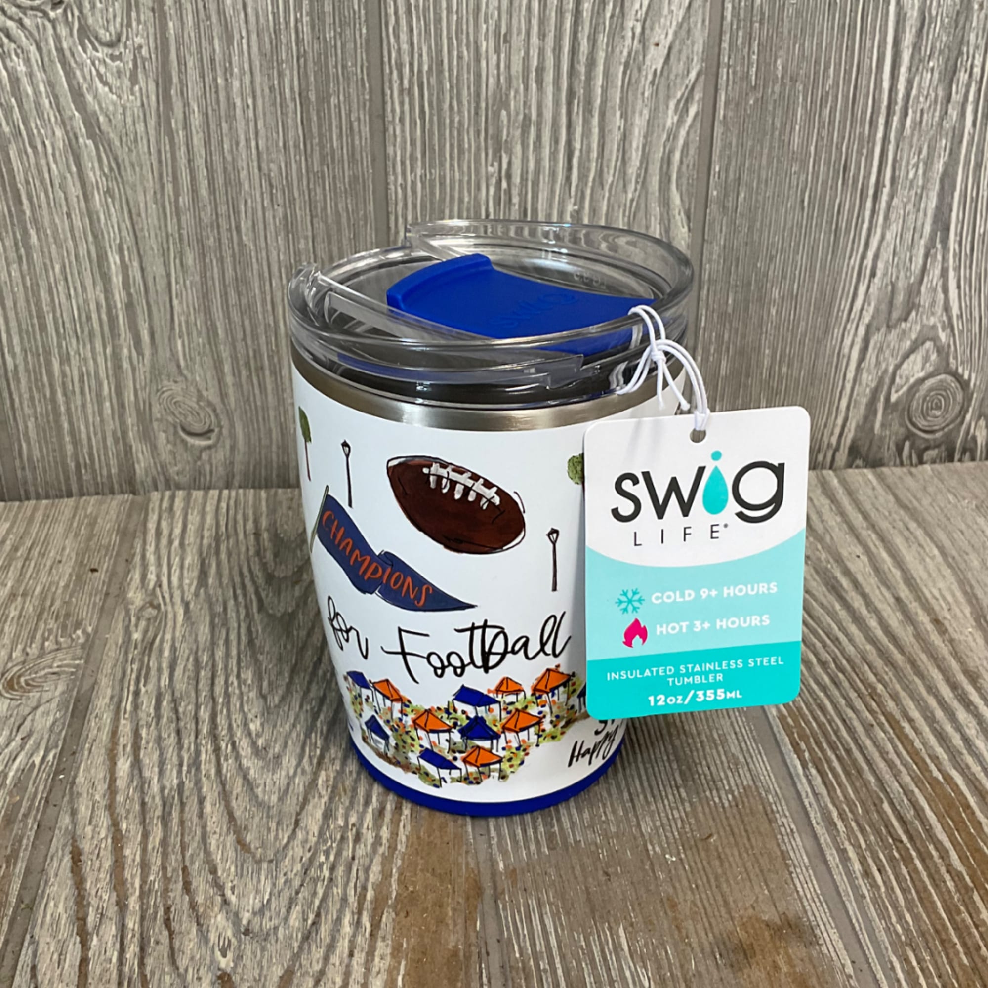 Football-themed insulated tumbler with a clear lid and blue insert
