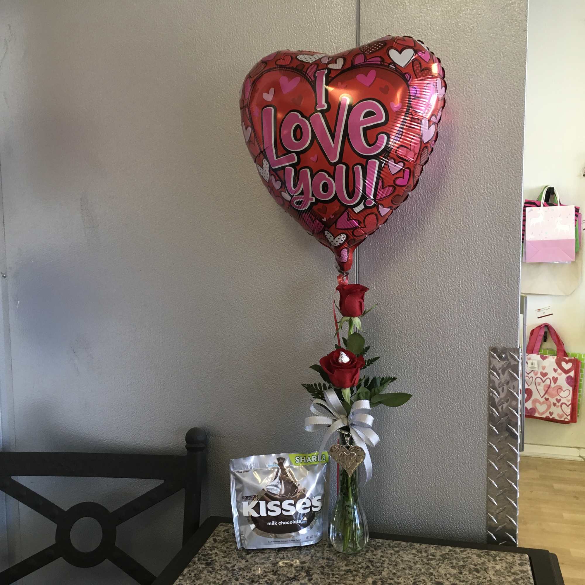 As shown w/ roses, silver heart charm, hershey kisses share bag &amp;