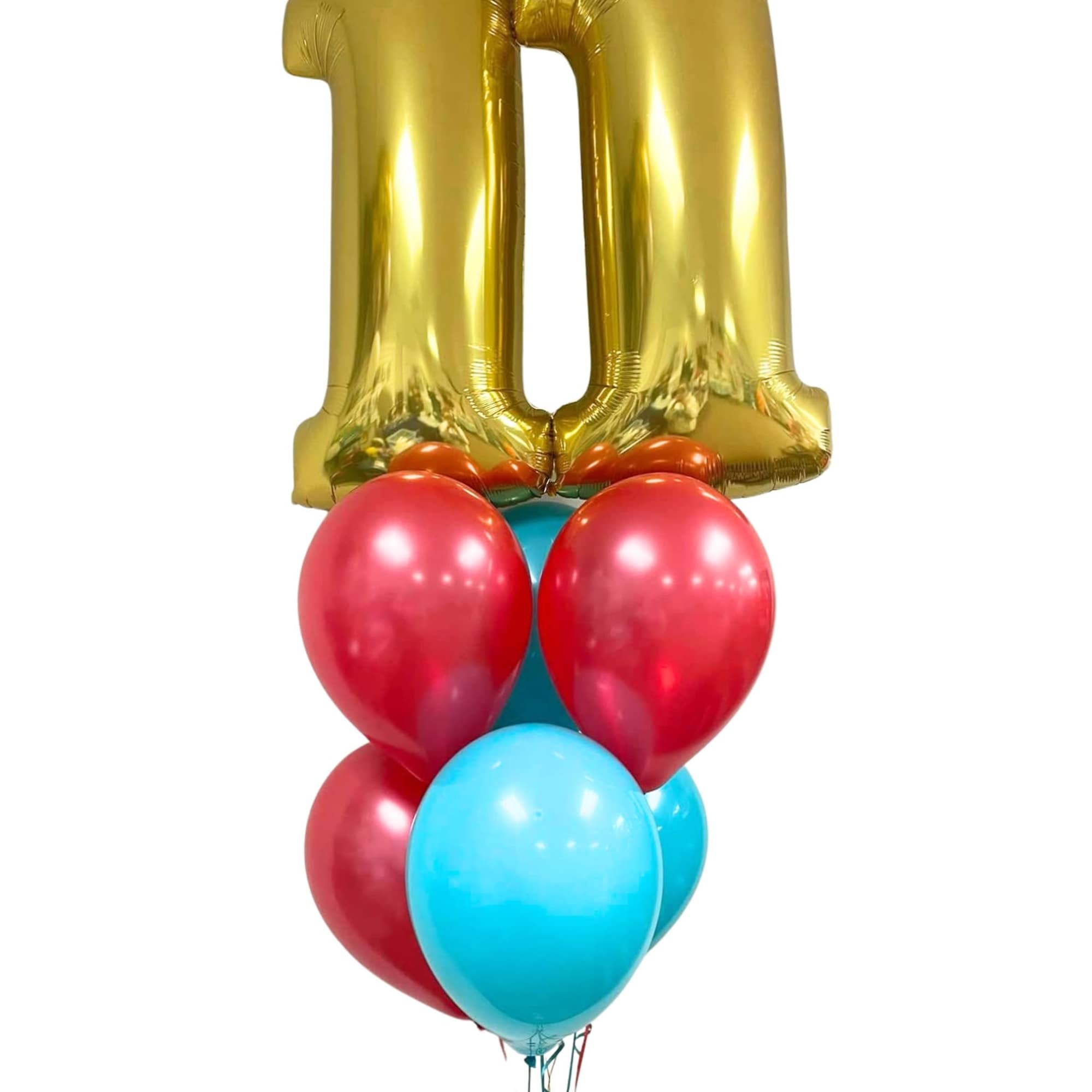 Gold number 1 balloon above a cluster of red and blue balloons