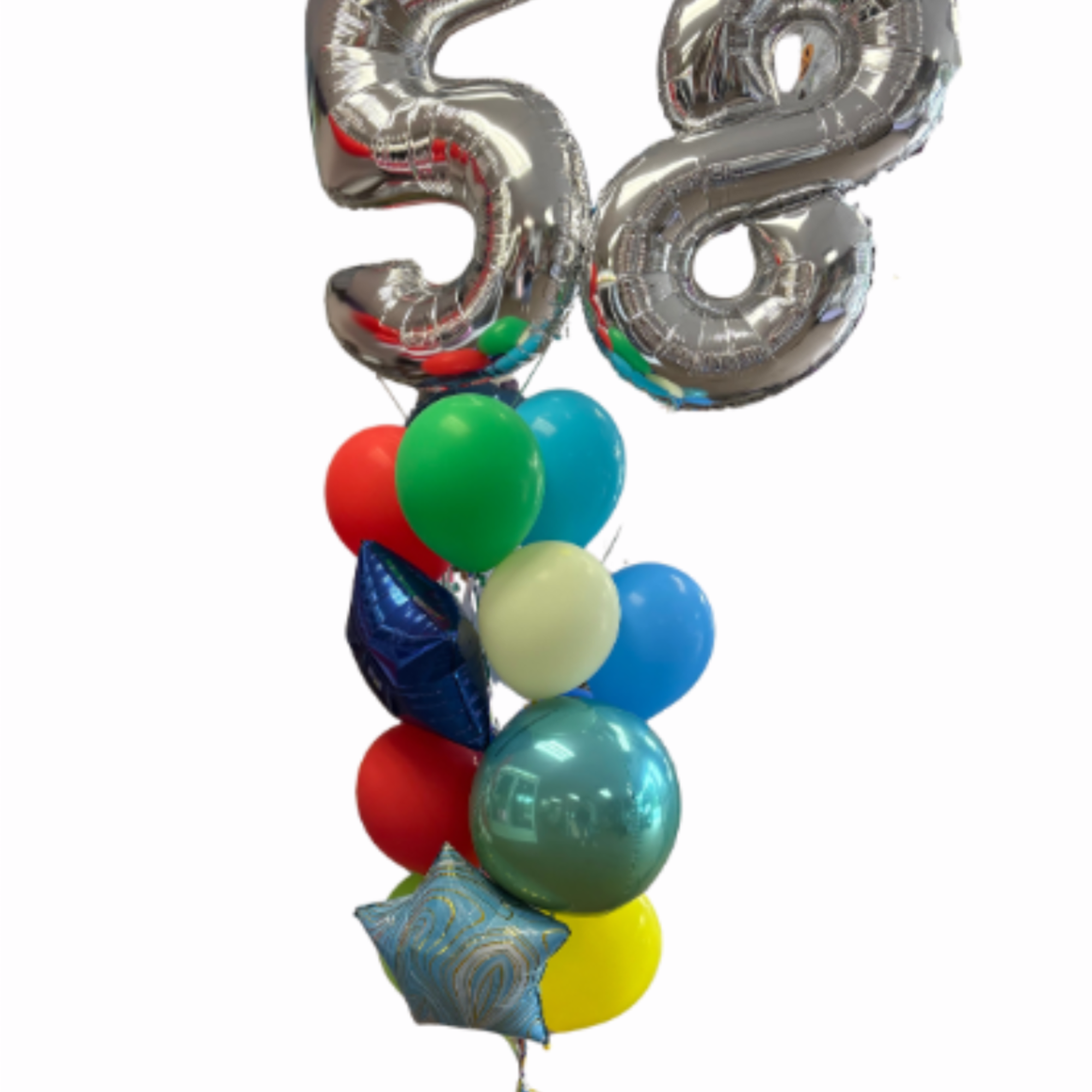 A bold, vertical celebration piece centered on two jumbo foil number balloons-this