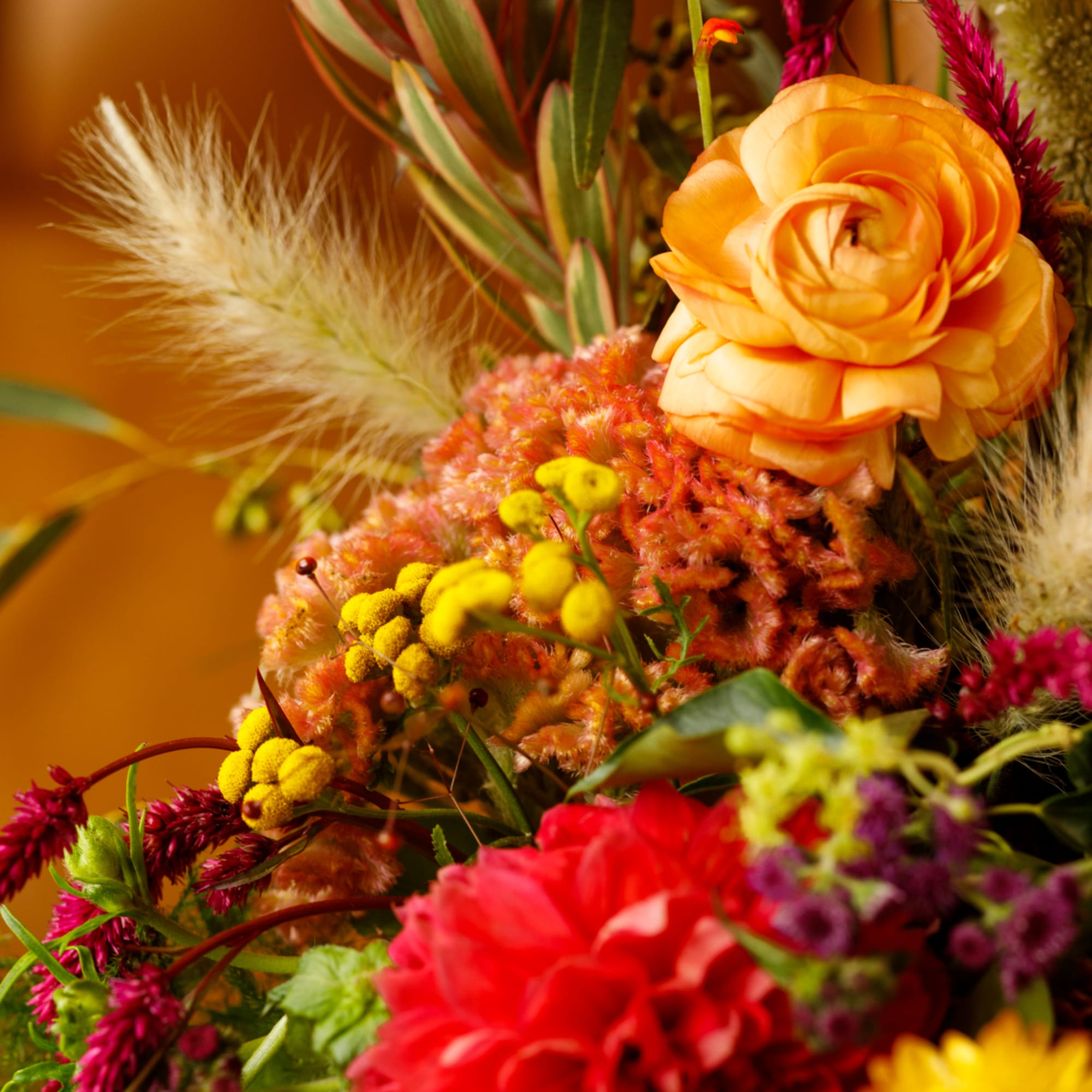 Colorful bouquet with orange and red blooms and feathery accents