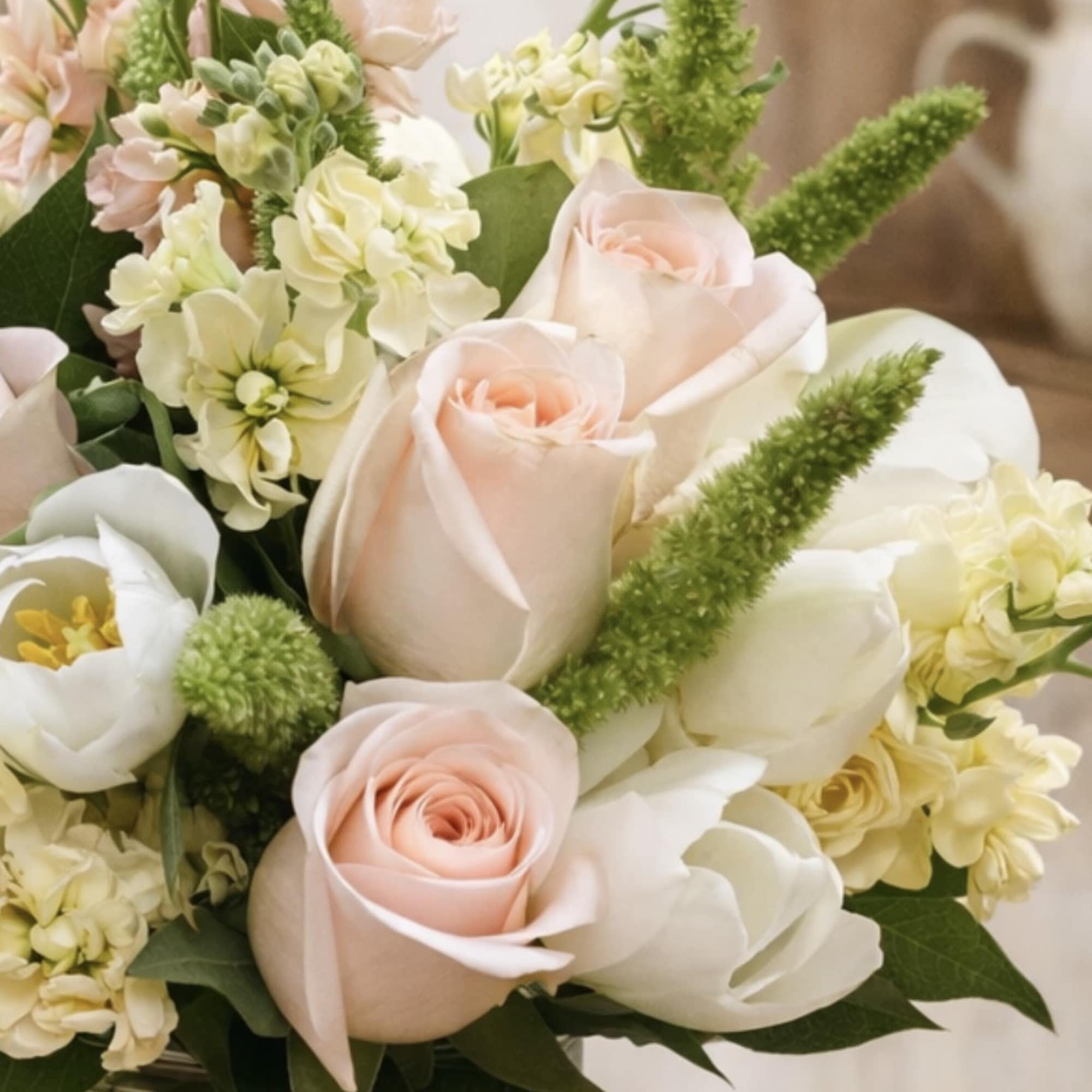 Pastel bouquet of roses, tulips, and white blooms in a glass vase