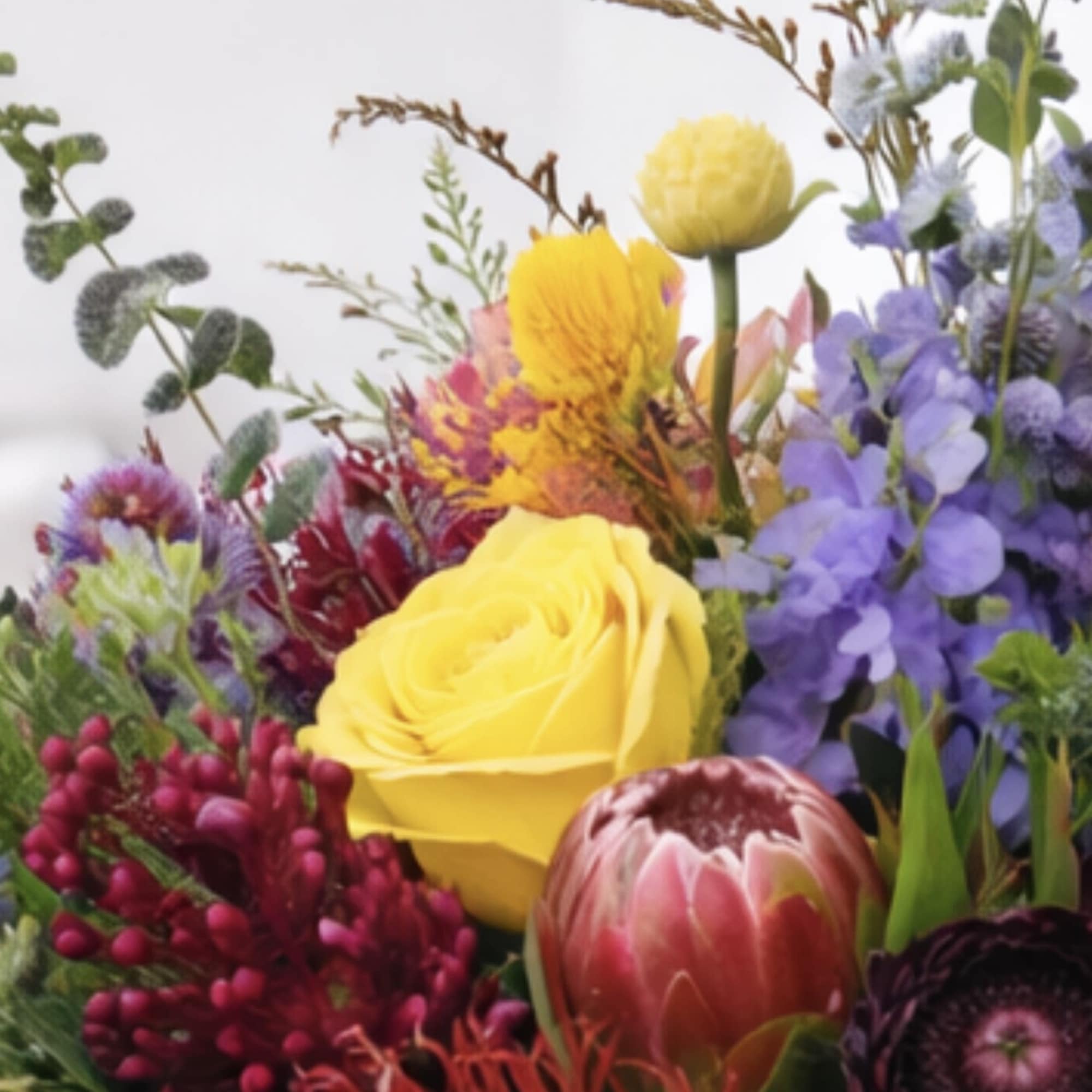 This textural arrangement comes complete with pin-cushions proteas, queen proteas, roses, stock, photo 2 of 2