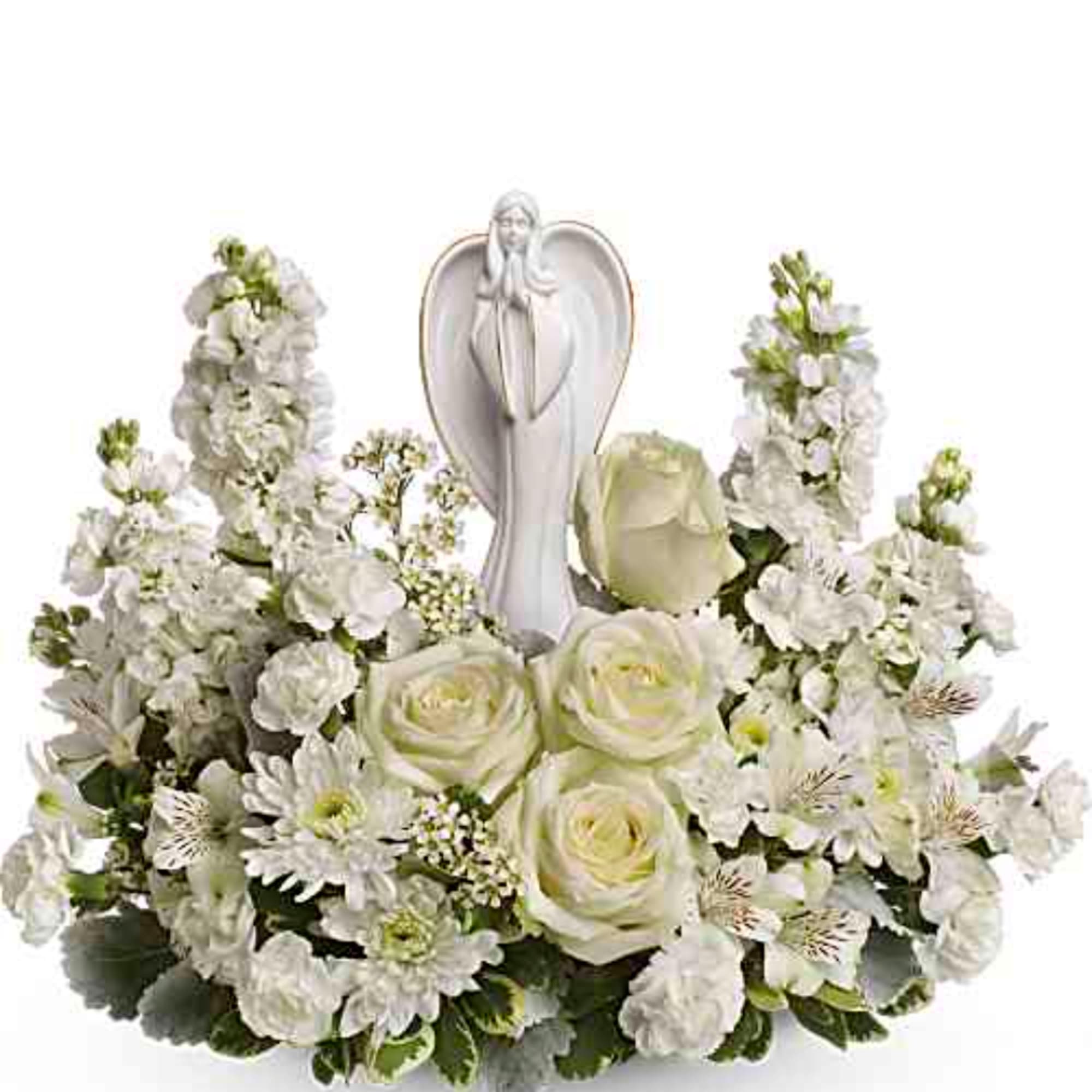 White floral arrangement with roses and a praying angel figurine