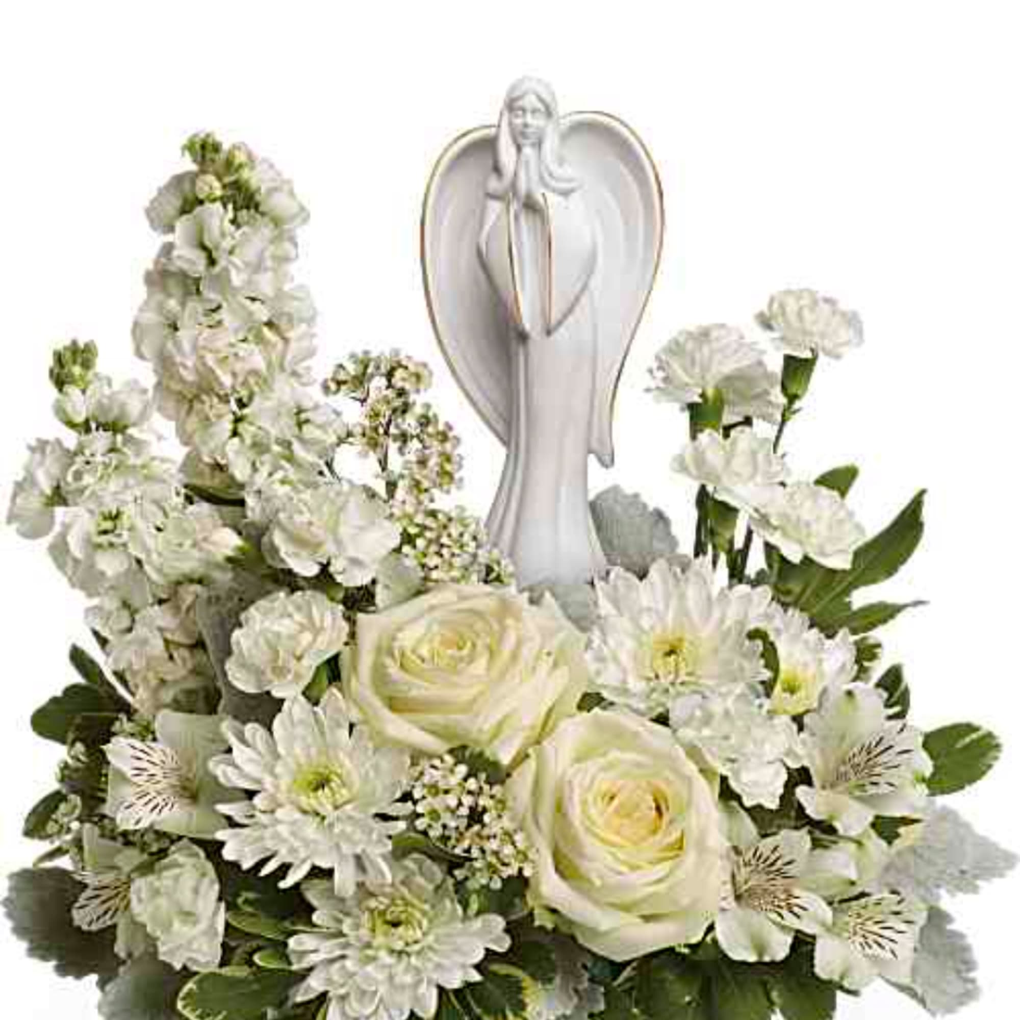 White floral arrangement with angel figurine centerpiece