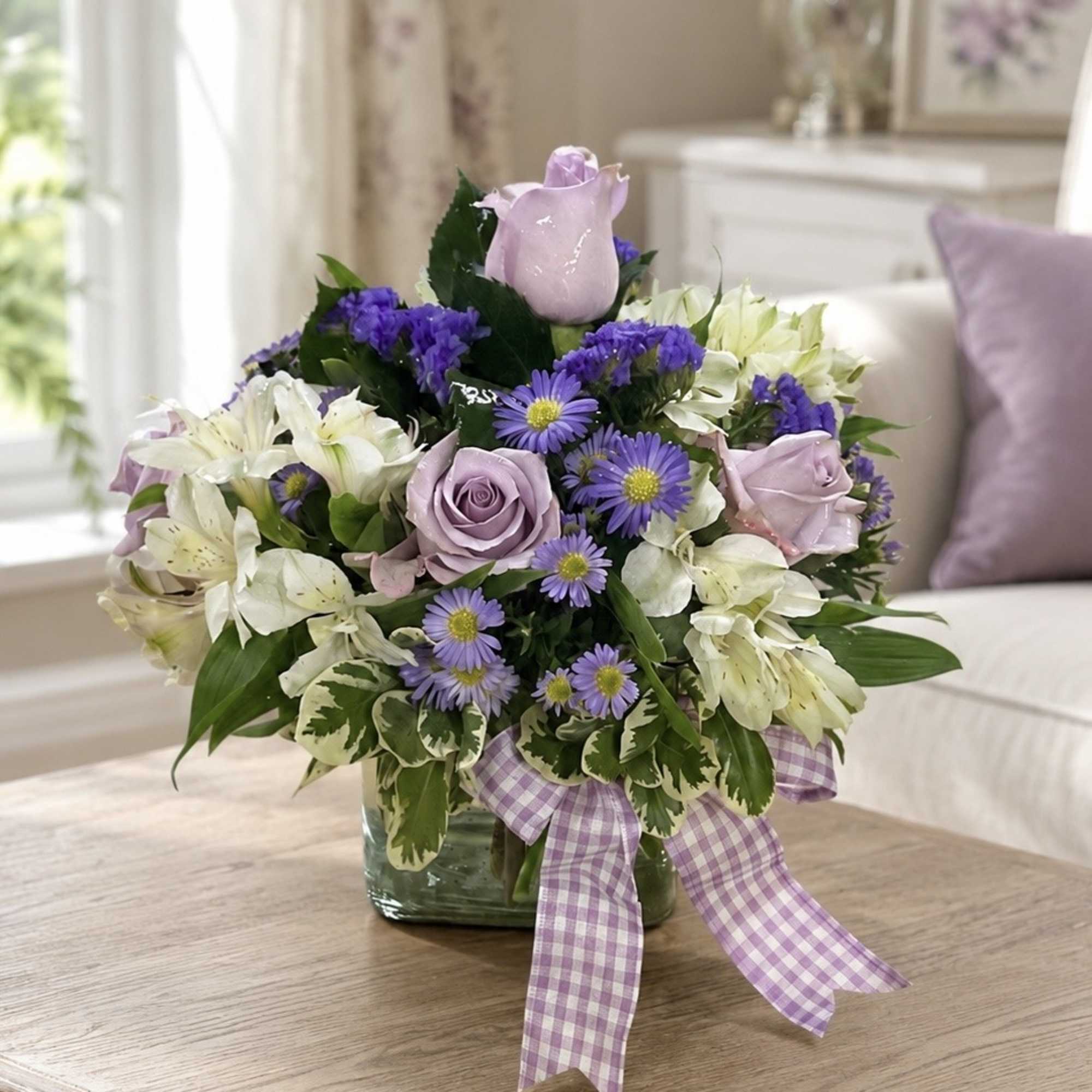 Lavender roses and white lilies in a glass vase with a purple ribbon