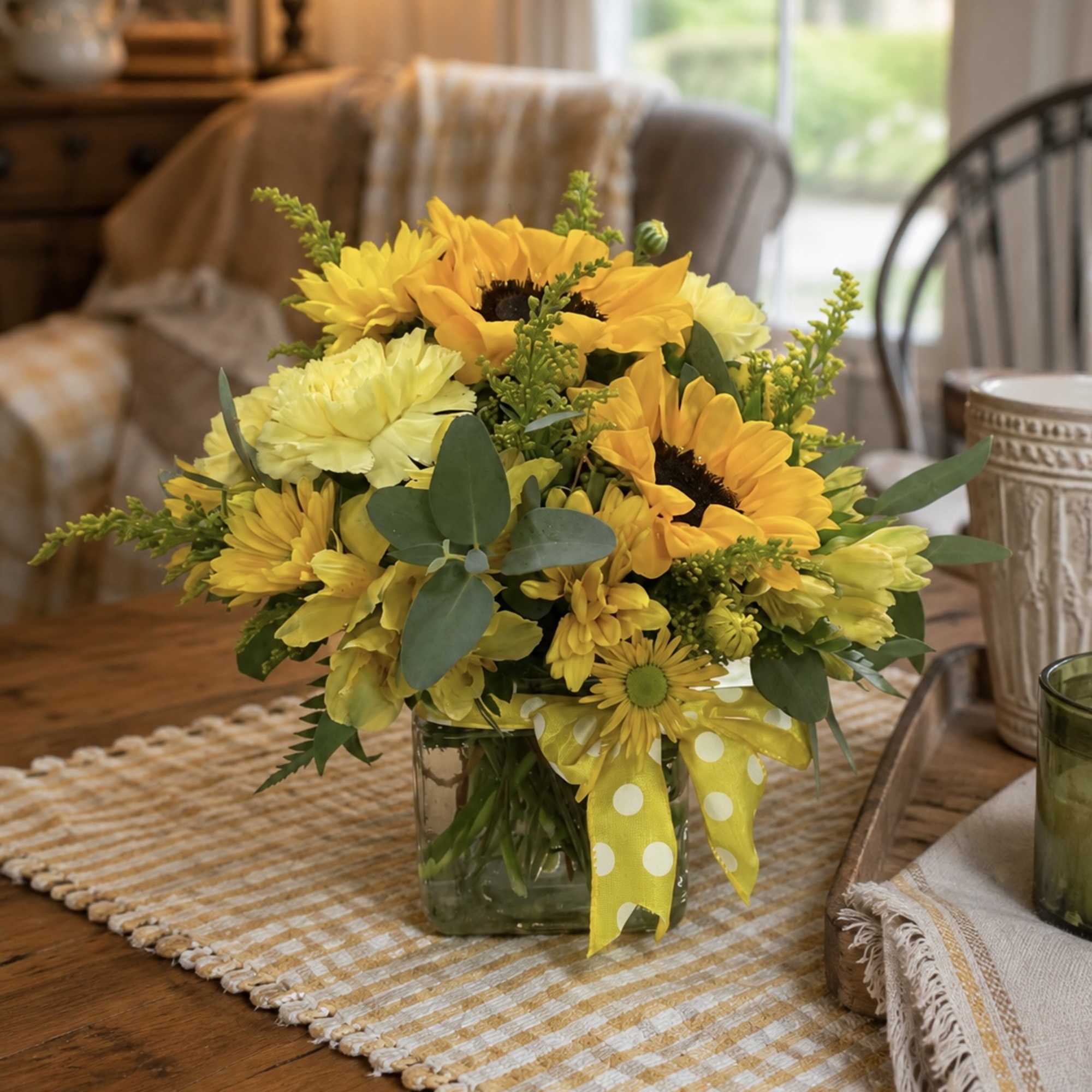 Yellow sunflower and daisy bouquet in a glass vase with a polka-dot ribbon
