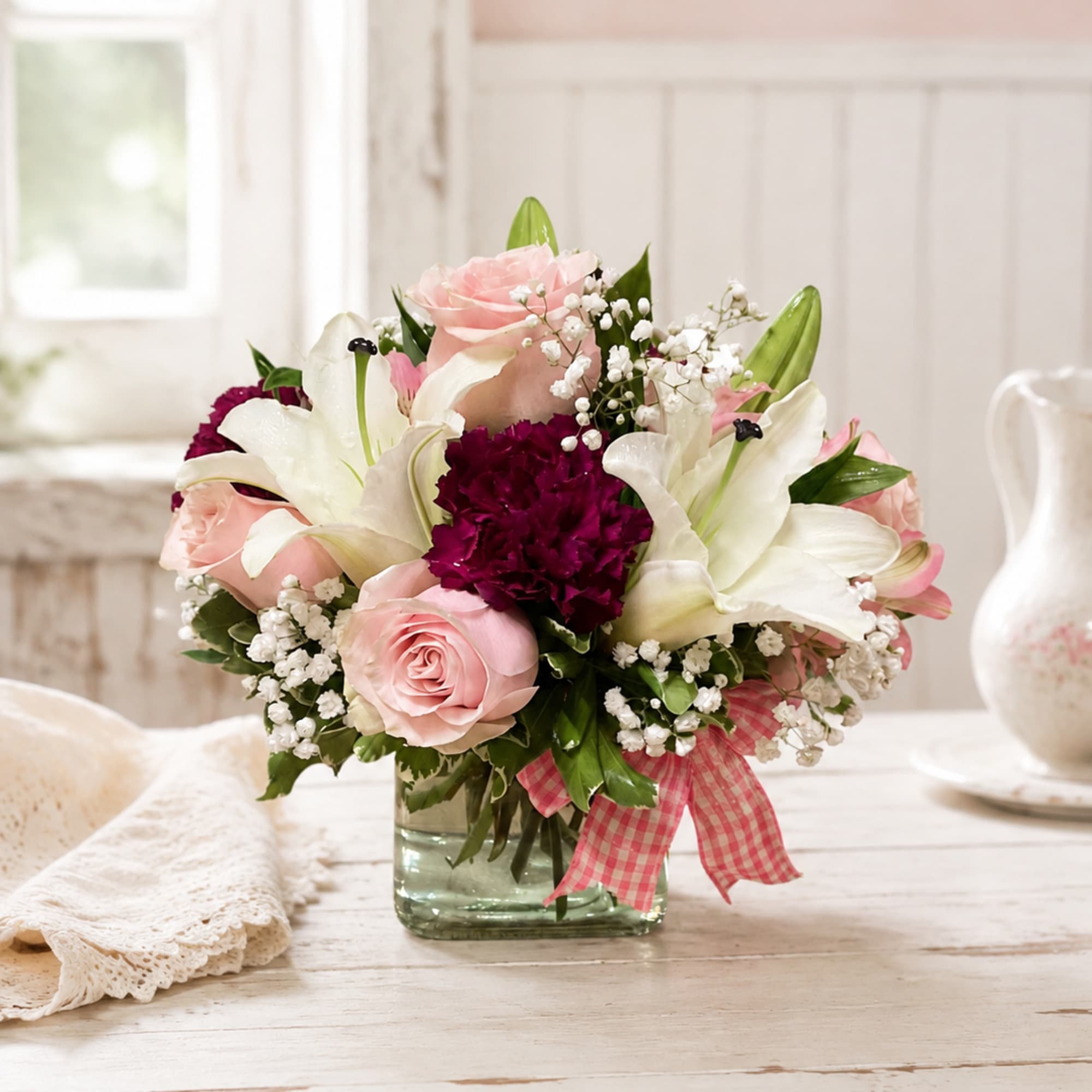 Pink roses and white lilies arranged in a glass vase with a gingham ribbon