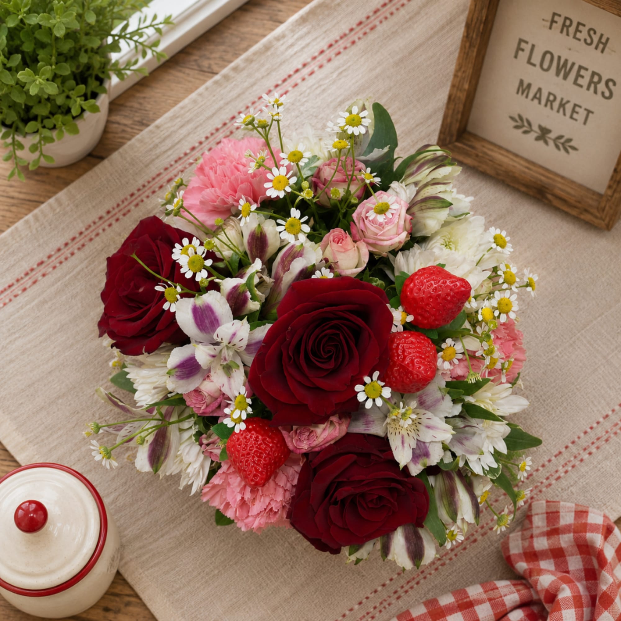Bouquet of red roses, pink flowers, and small white daisies