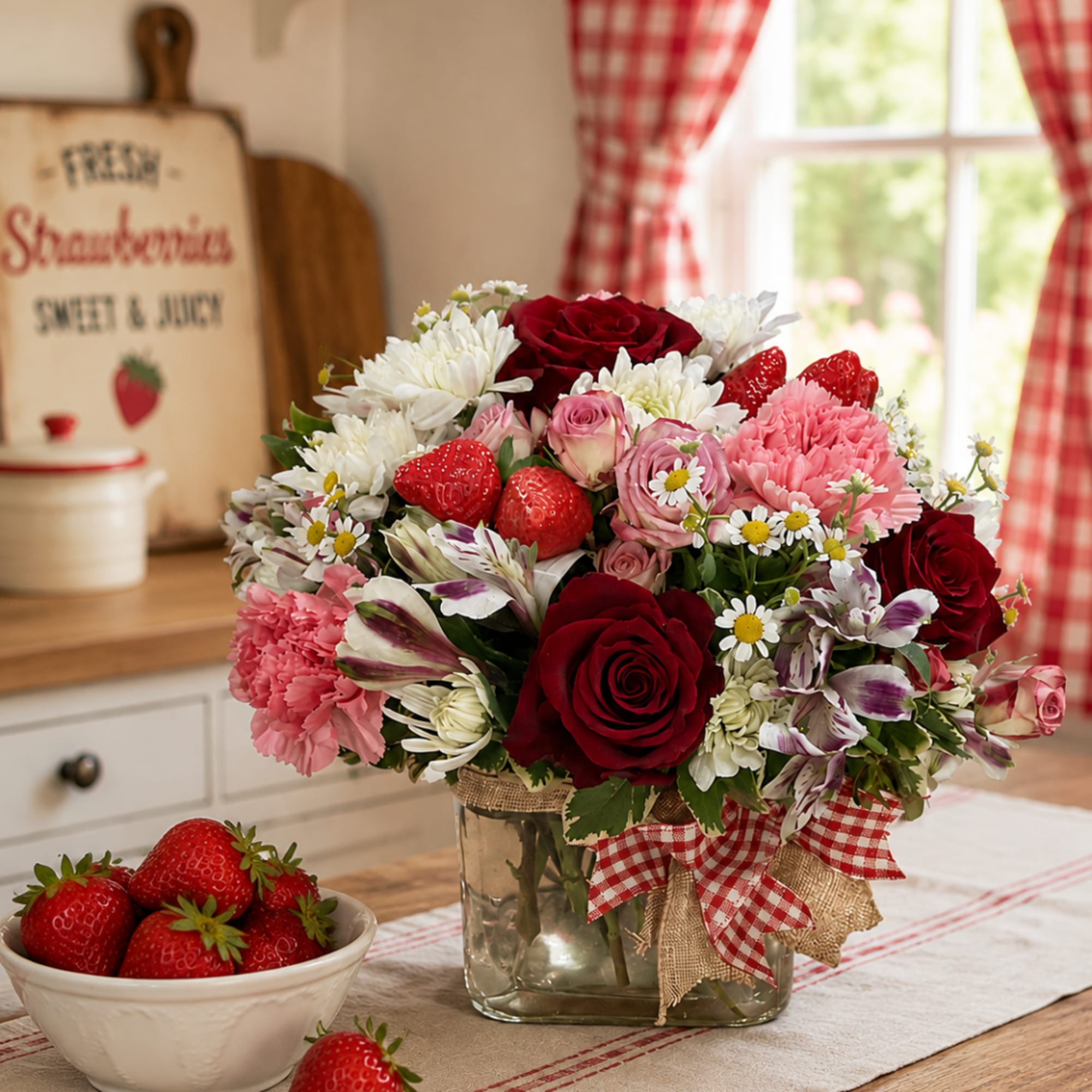Bouquet of red and pink flowers in a glass vase with a gingham ribbon
