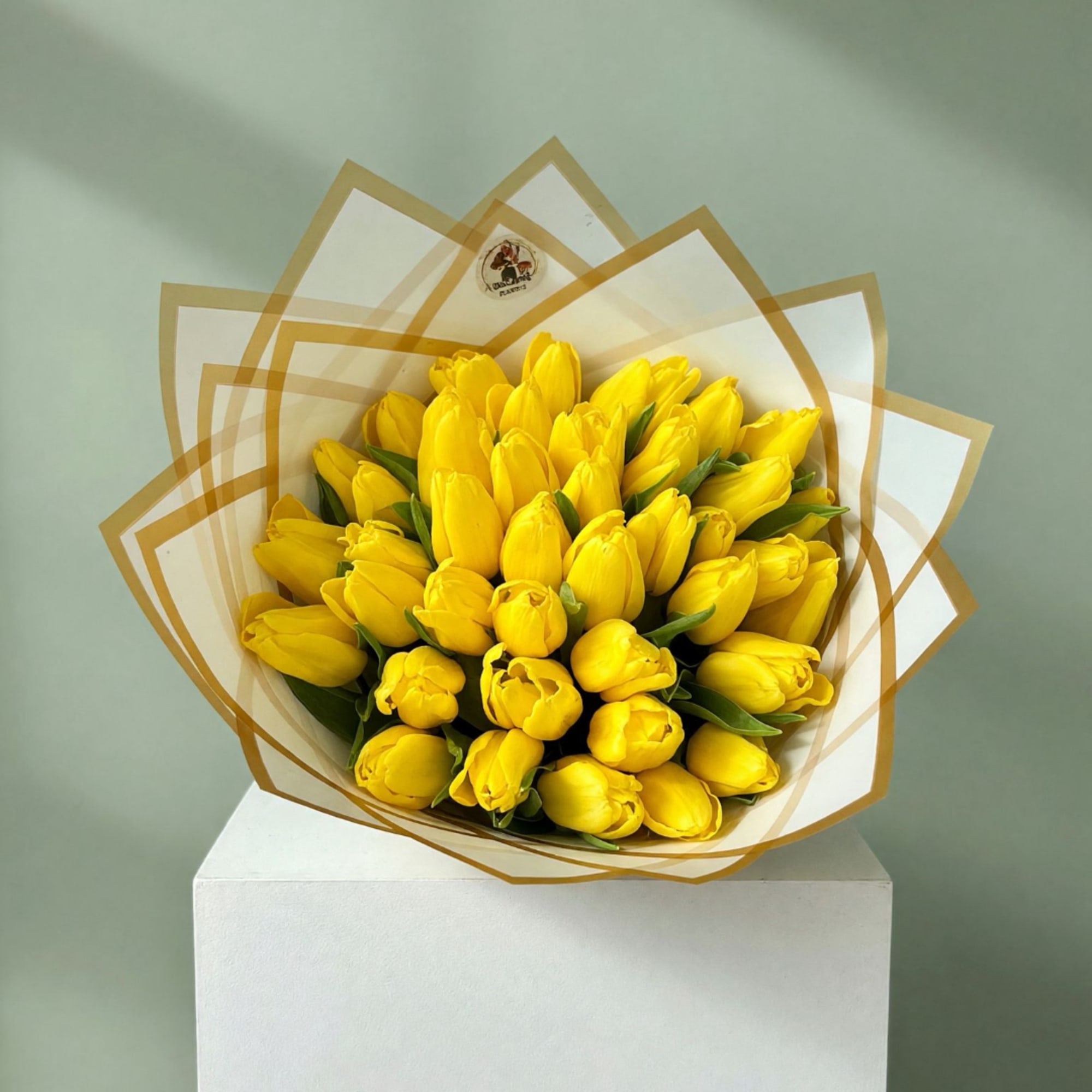 Bouquet of yellow tulips wrapped in white and gold paper, photo 2 of 3