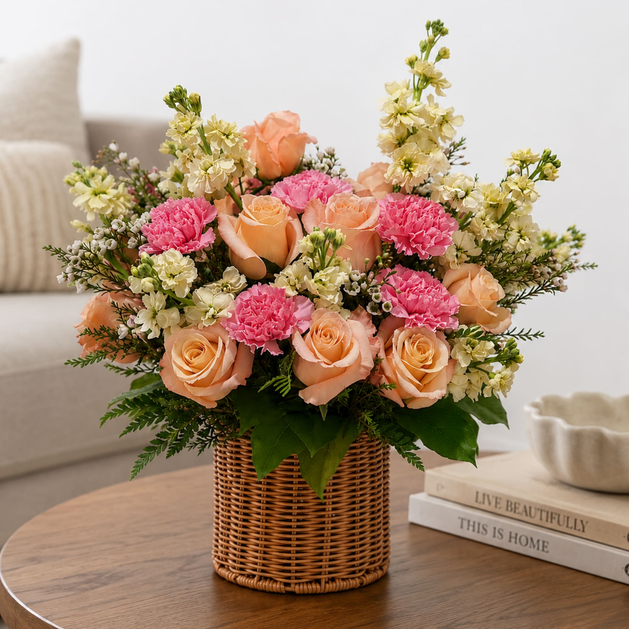 A charming basket arrangement featuring elegant peach roses, soft pink carnations, creamy, photo 2 of 2