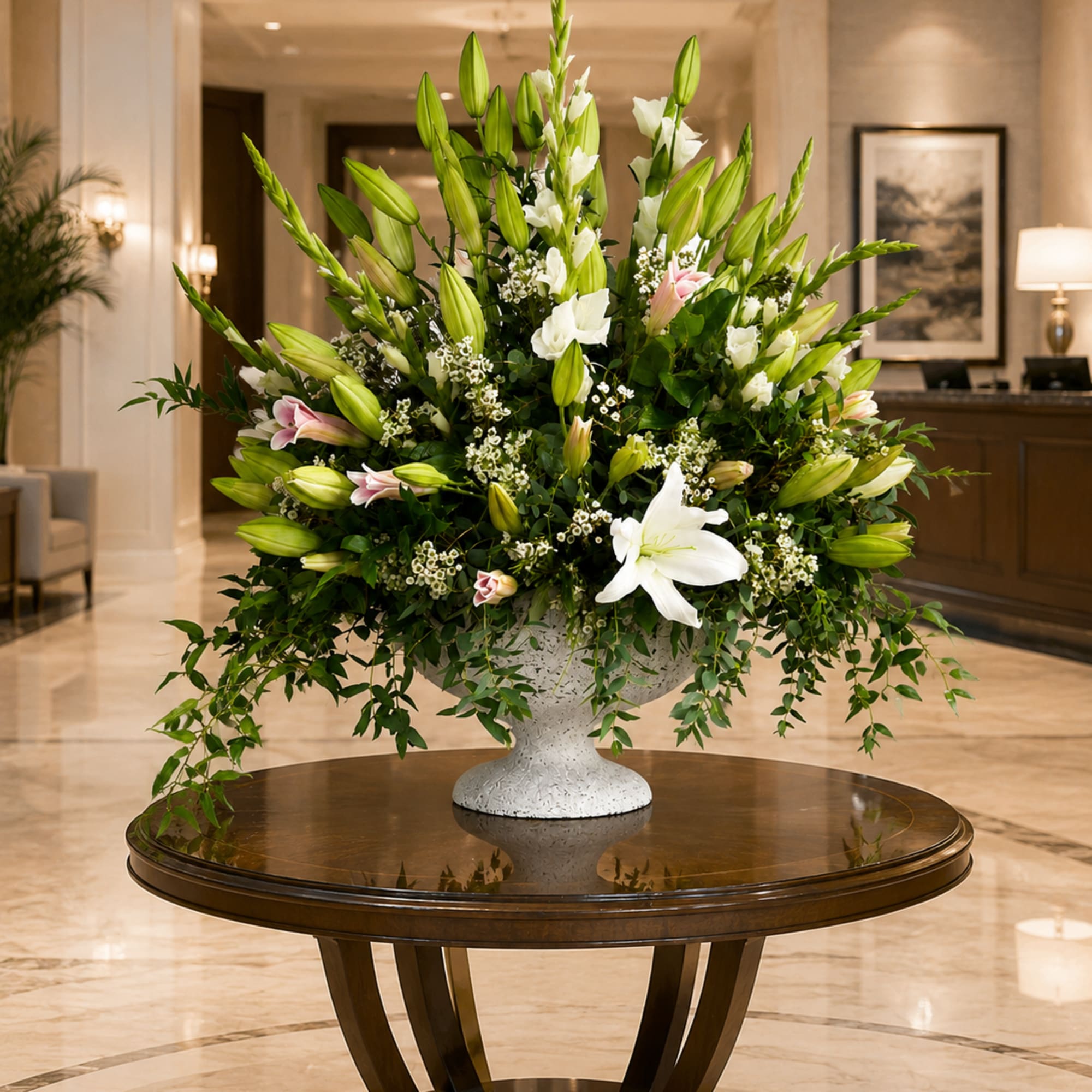 A lush arrangement of Oriental lilies, gladiolus, waxflower, and cascading greenery, beautifully, photo 2 of 2
