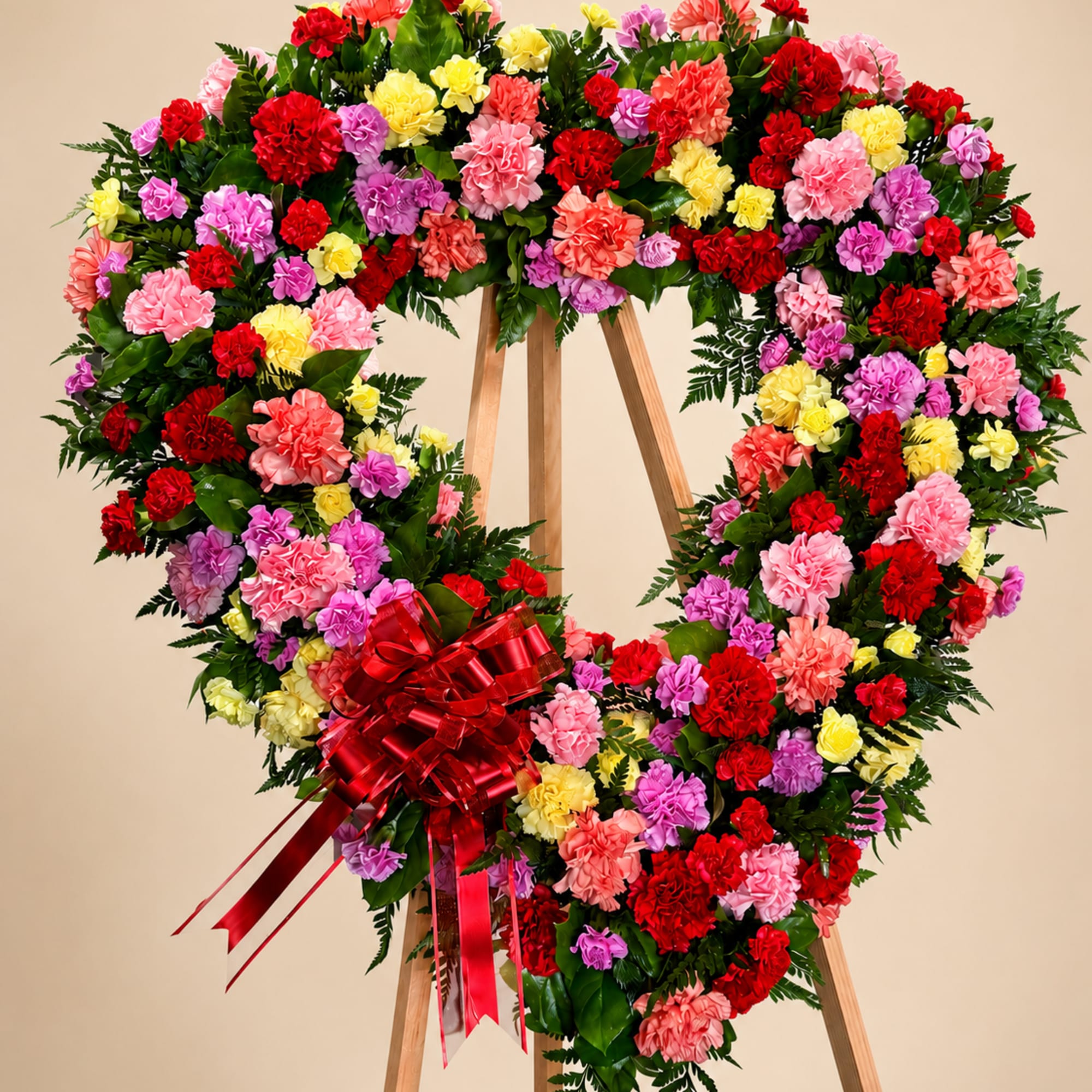 A lush heart-shaped standing wreath featuring vibrant carnations in shades of red
