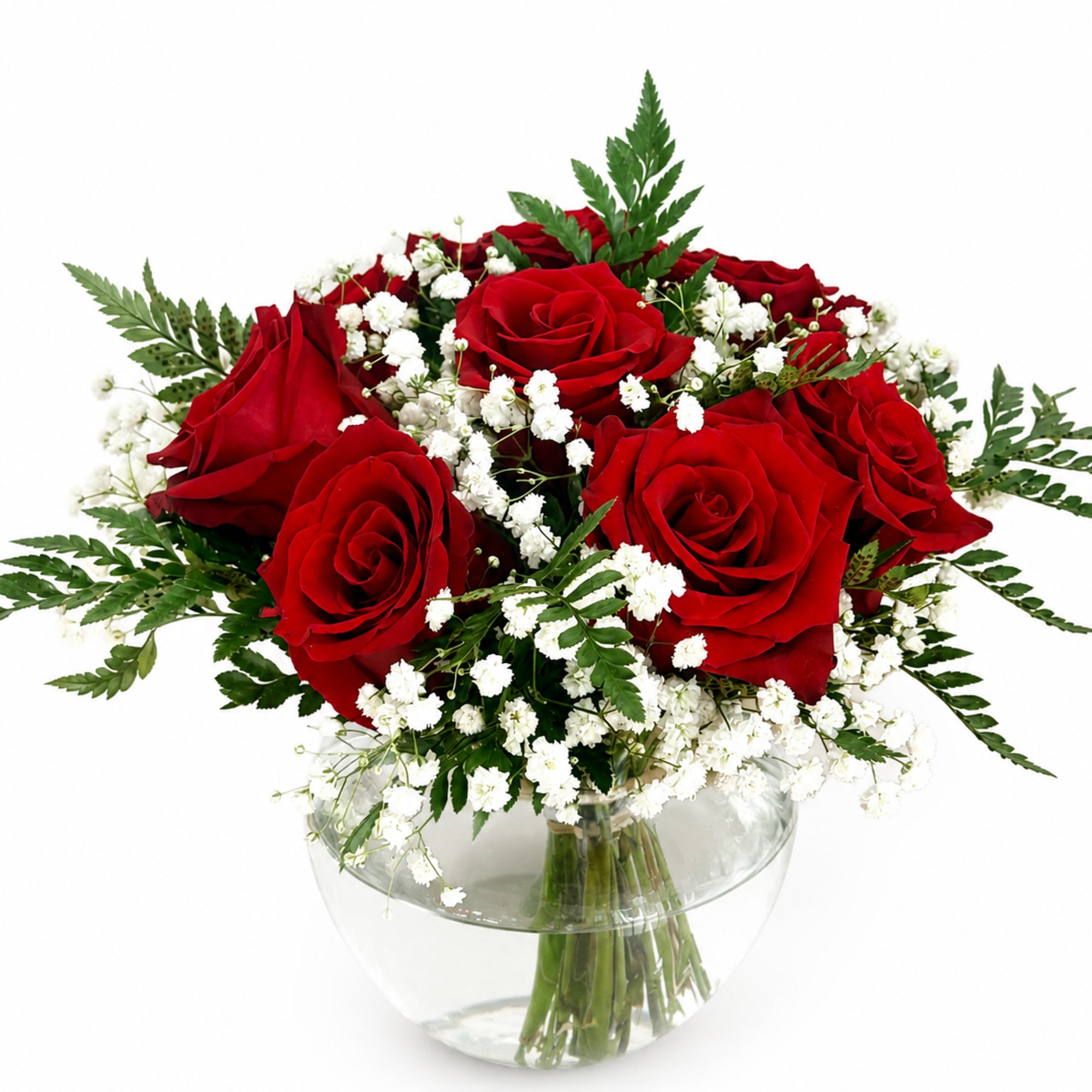 A charming vase arrangement featuring vibrant red roses, delicate baby&rsquo;s breath, and