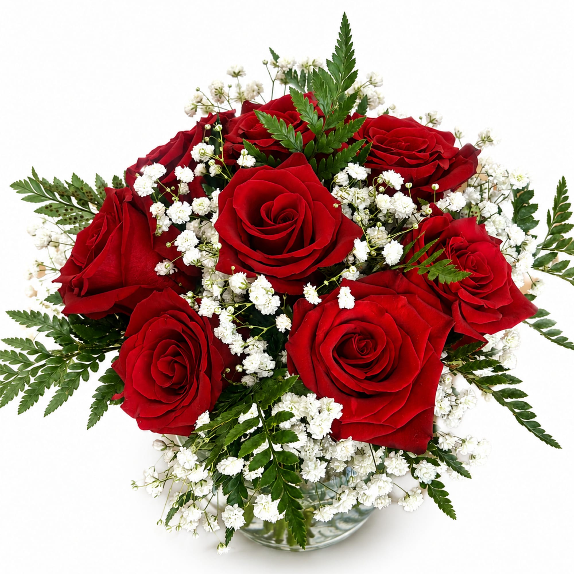 A charming vase arrangement featuring vibrant red roses, delicate baby&rsquo;s breath, and, photo 2 of 3