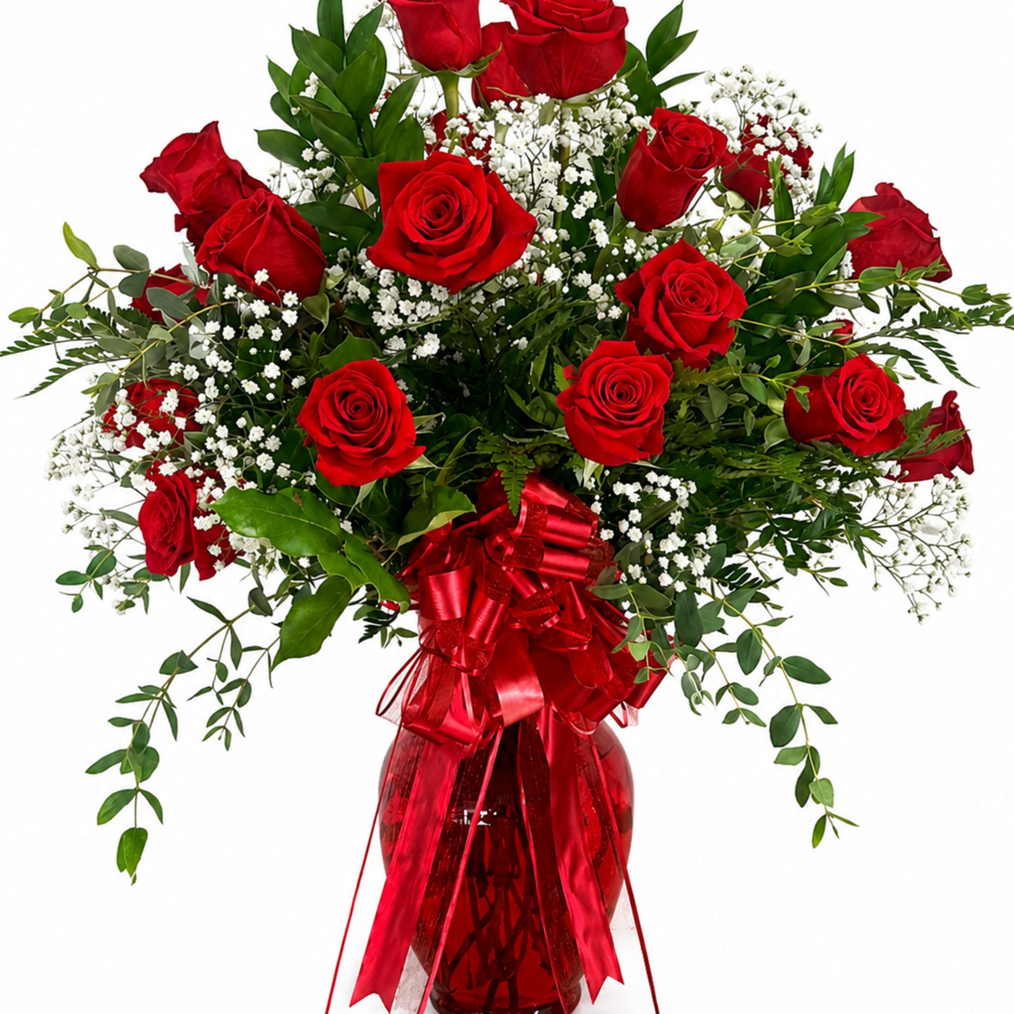 25 Ecuadorian premium red&nbsp;&nbsp;roses are beautifully arranged with delicate baby&rsquo;s breath, lush