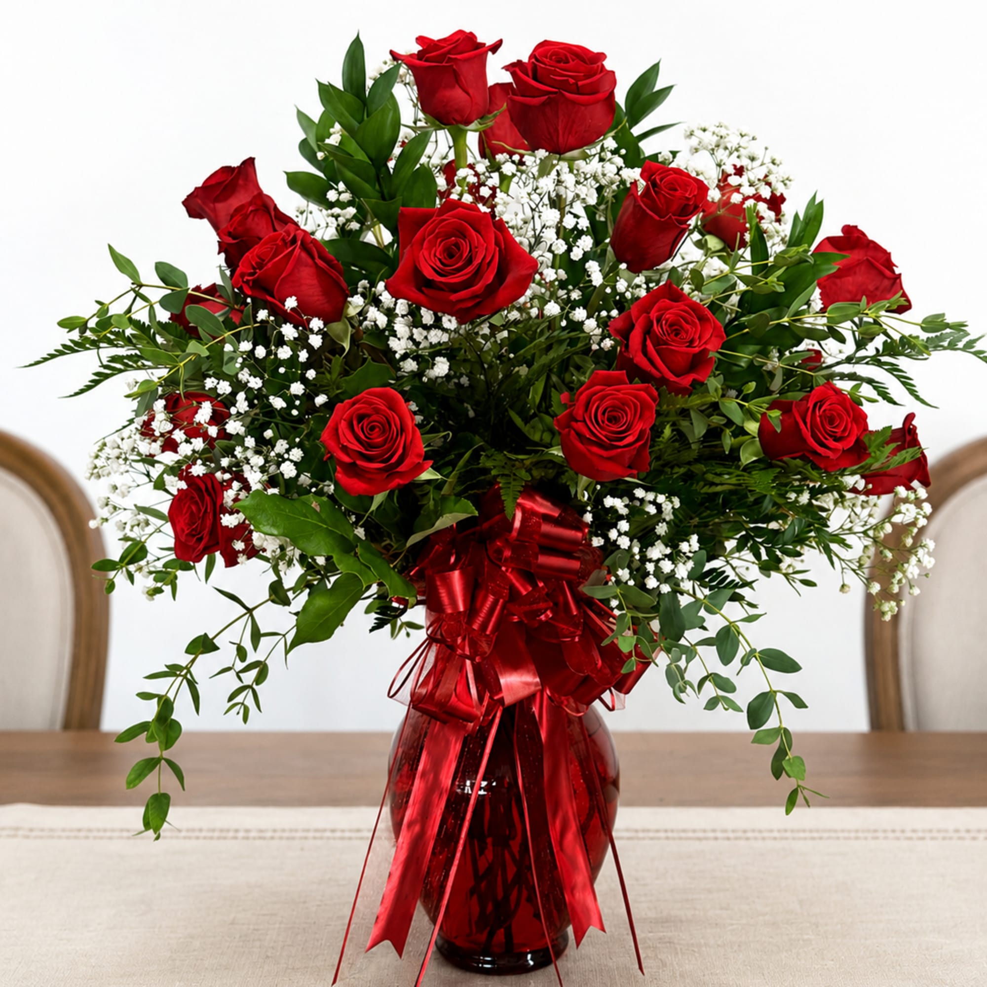 25 Ecuadorian premium red&nbsp;&nbsp;roses are beautifully arranged with delicate baby&rsquo;s breath, lush, photo 2 of 2