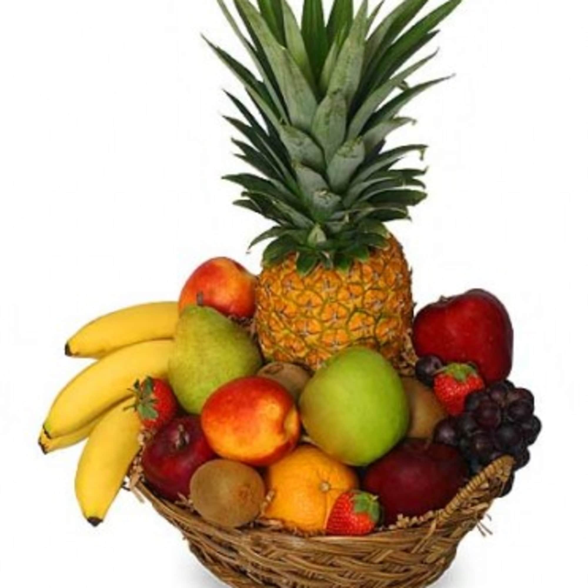 Fruit basket with pineapple, bananas, apples, pears, grapes, and strawberries