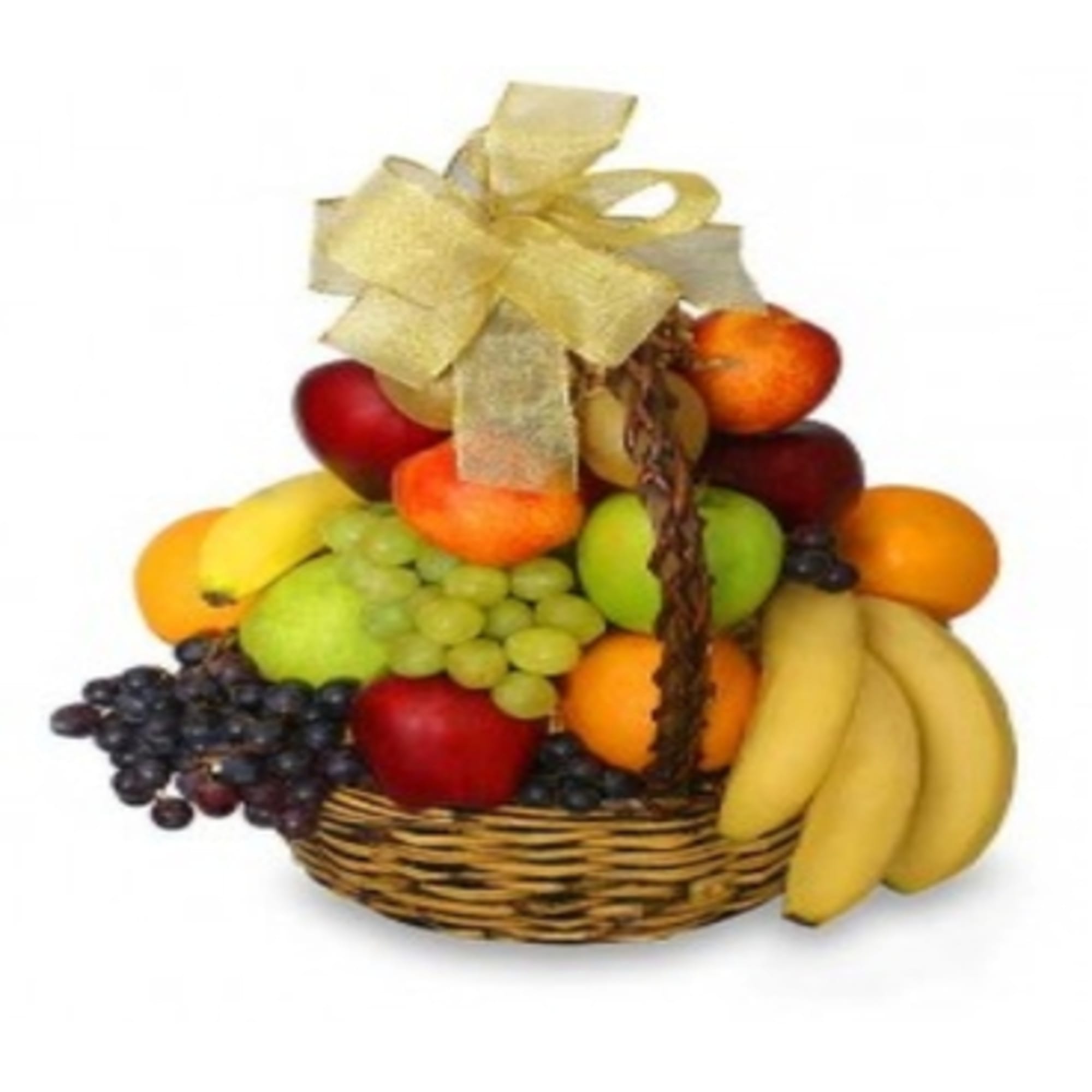 Basket of assorted fruit topped with a large yellow bow