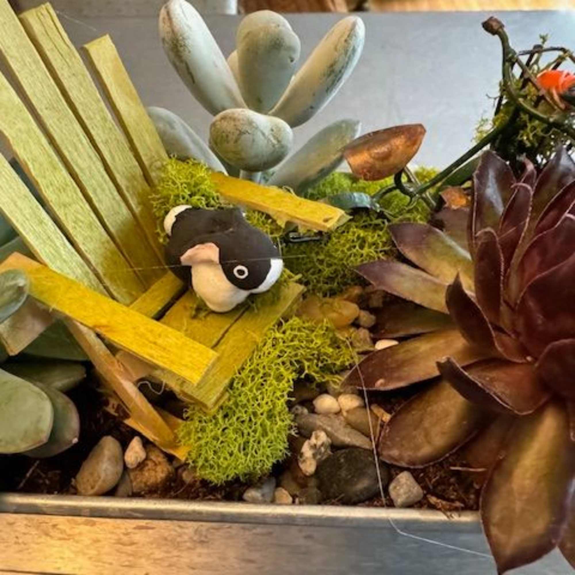 Succulent arrangement with a small bird figurine and wooden chair decoration