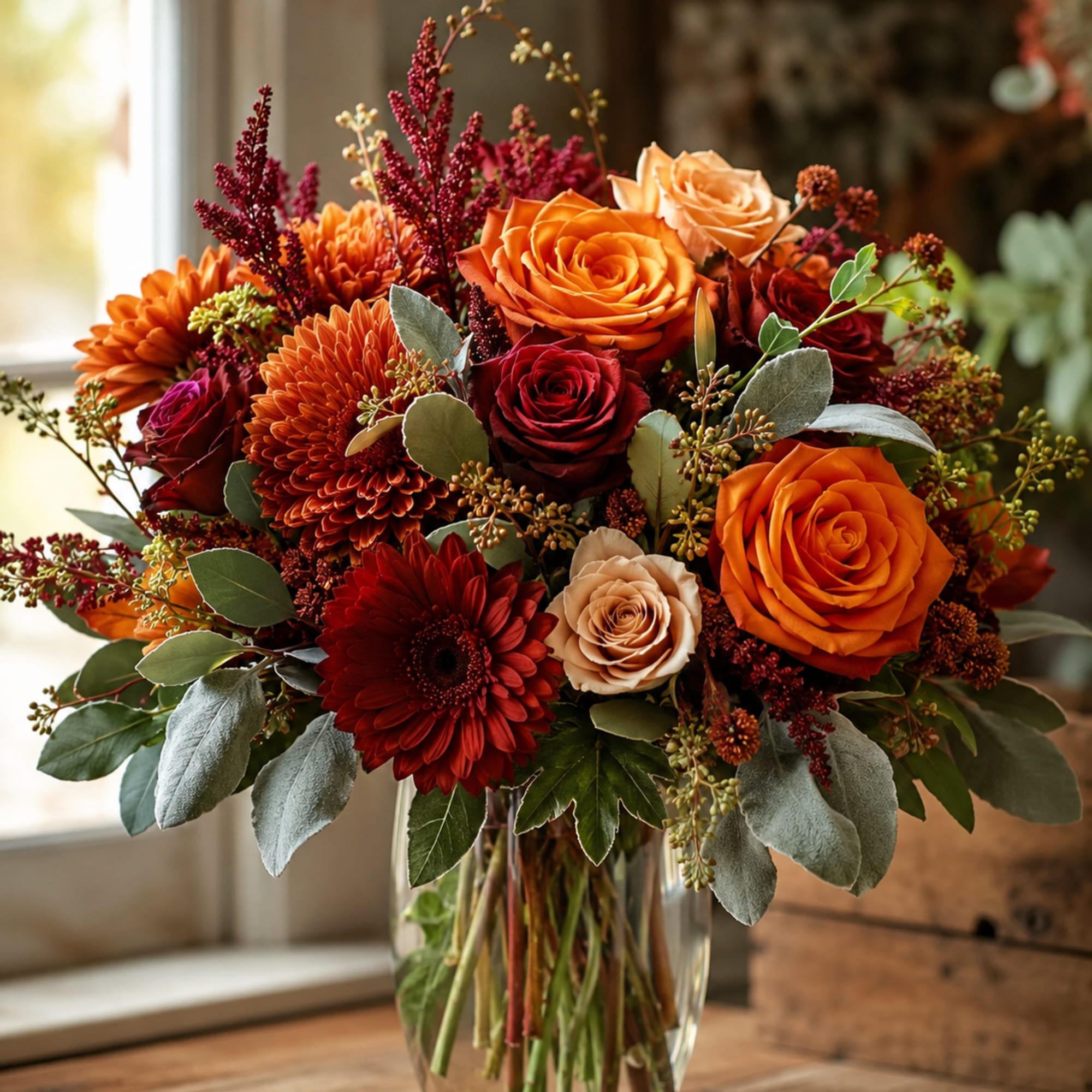 A rich, autumnal bouquet built around warm orange and deep red roses