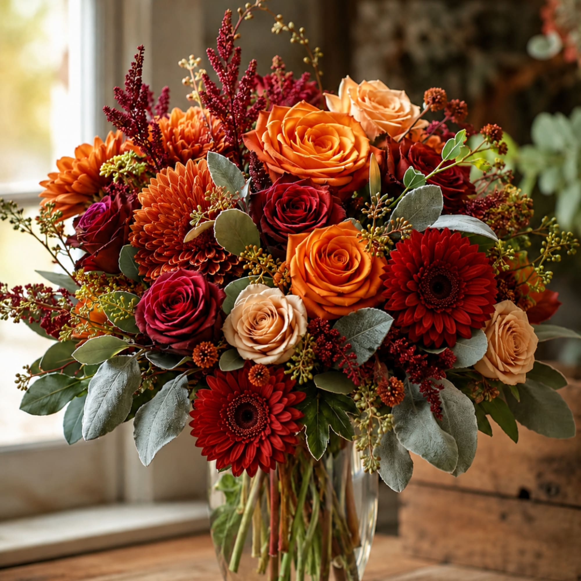 Bouquet of orange, red, and blush flowers in a clear glass vase