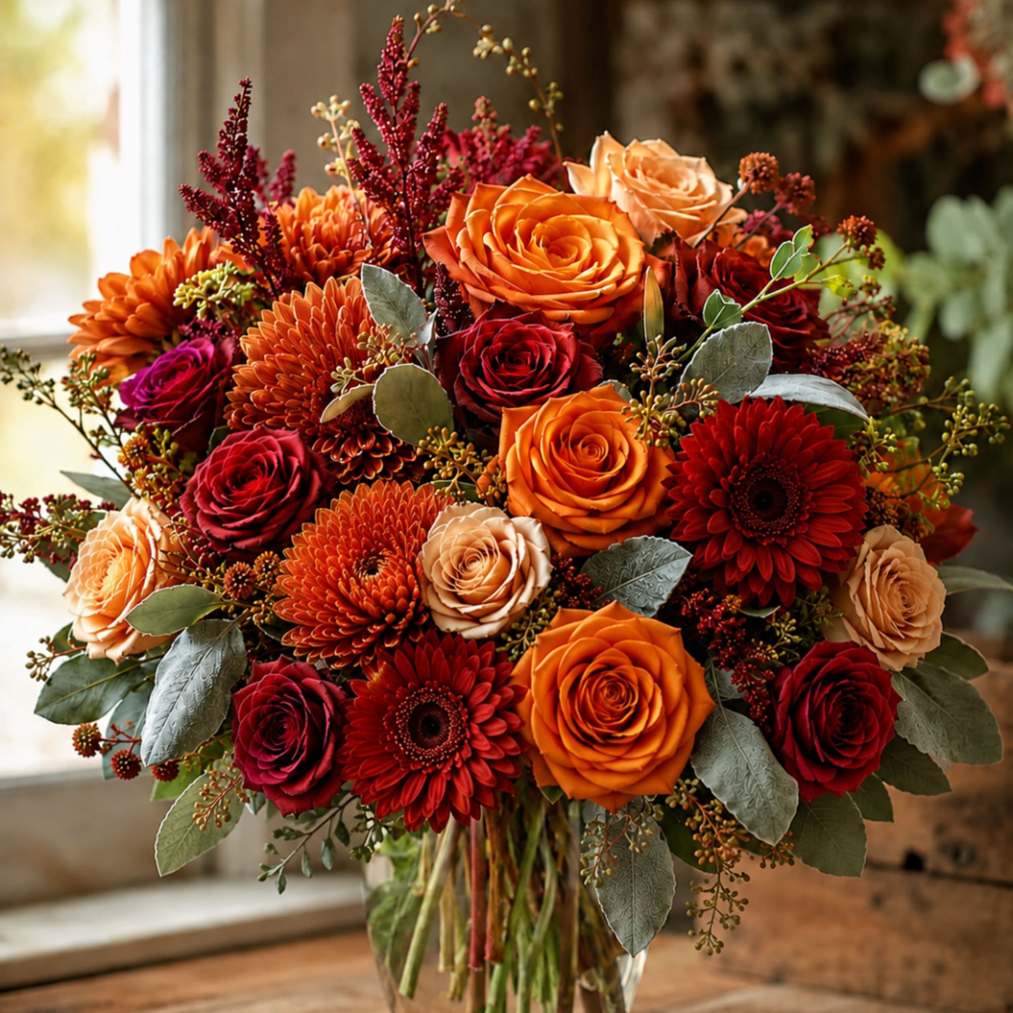 Bouquet of orange, red, and peach flowers in a glass vase