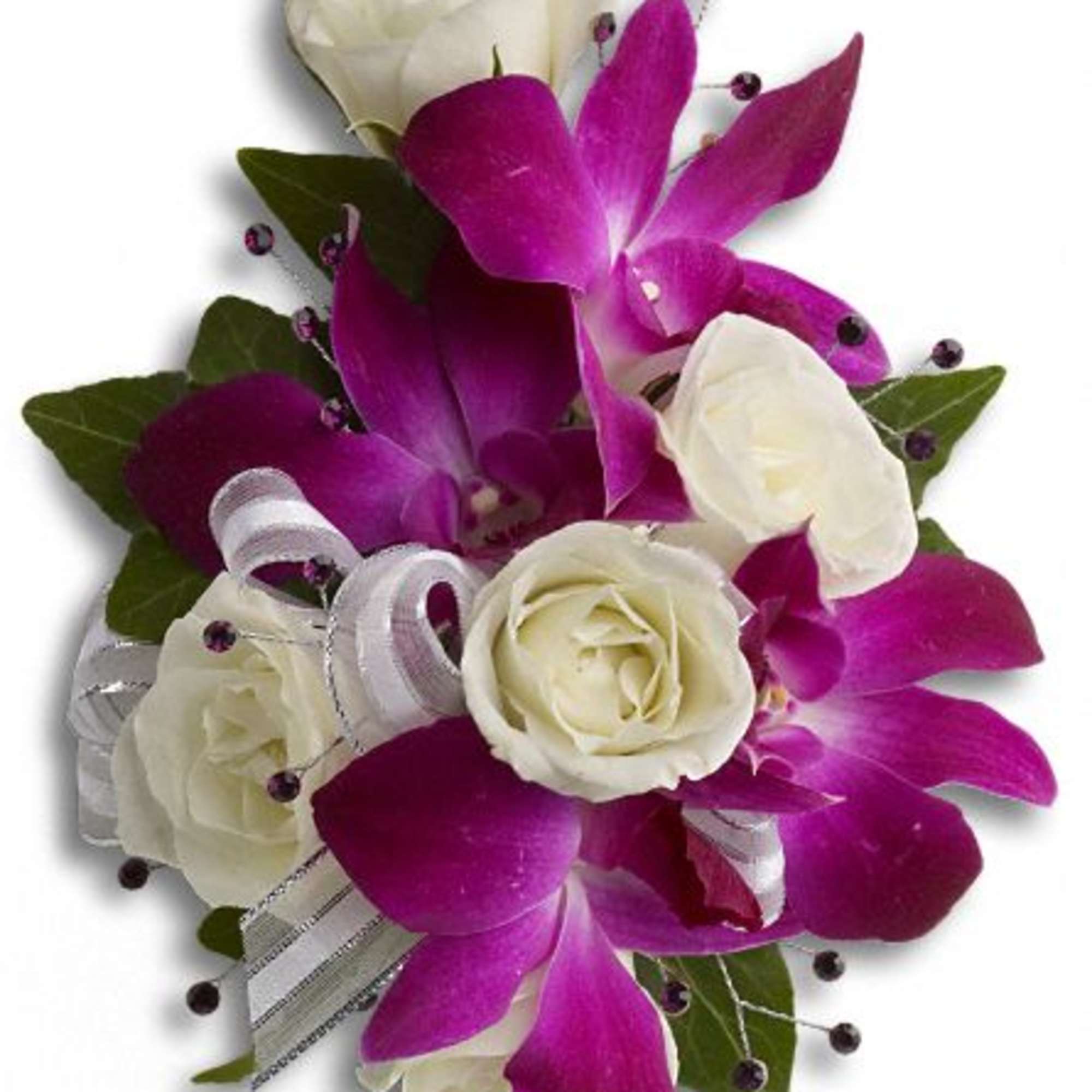 White roses and purple orchids arranged with ribbon accents