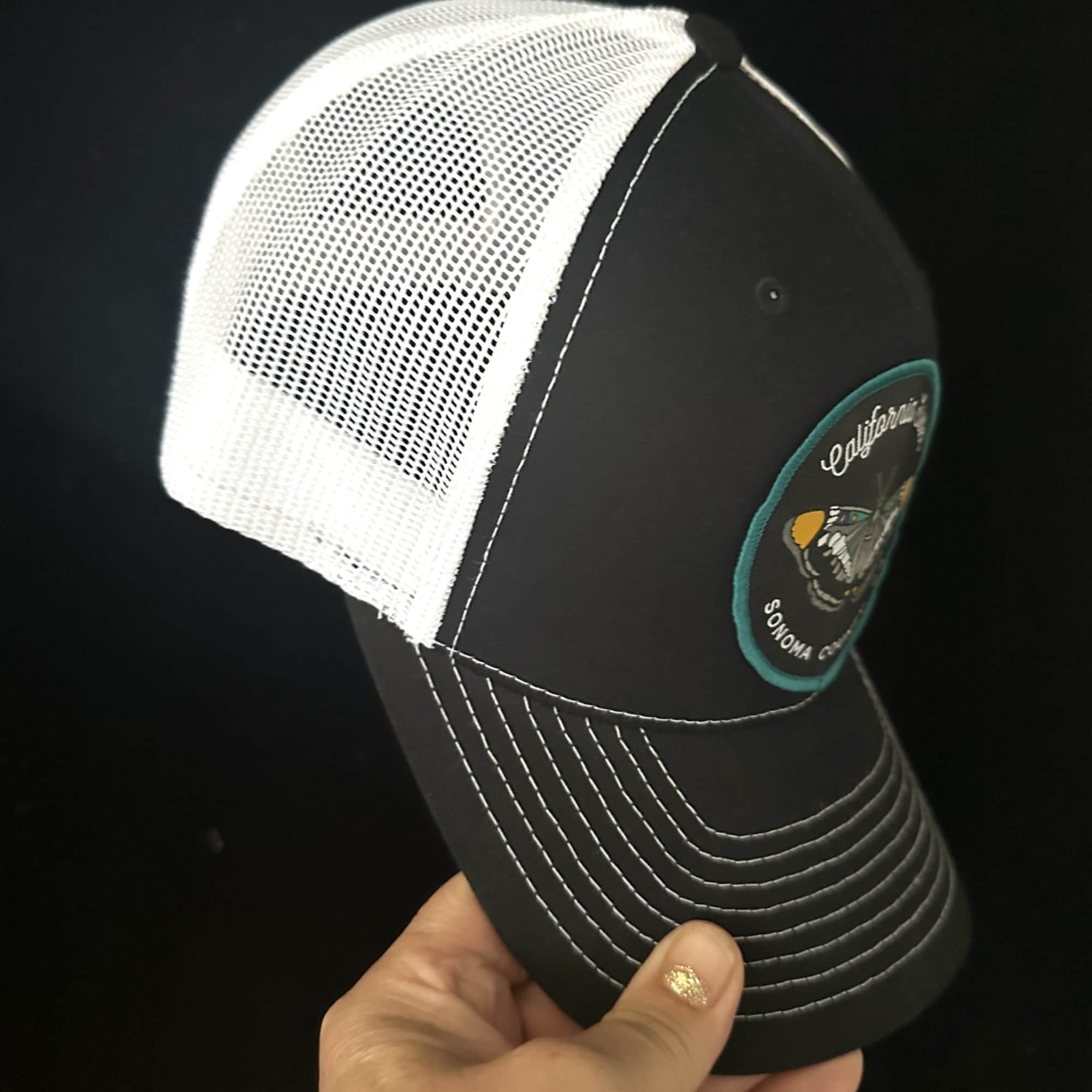 California Sister patch on a white mesh Trucker  ball cap. SnapBack, photo 2 of 3
