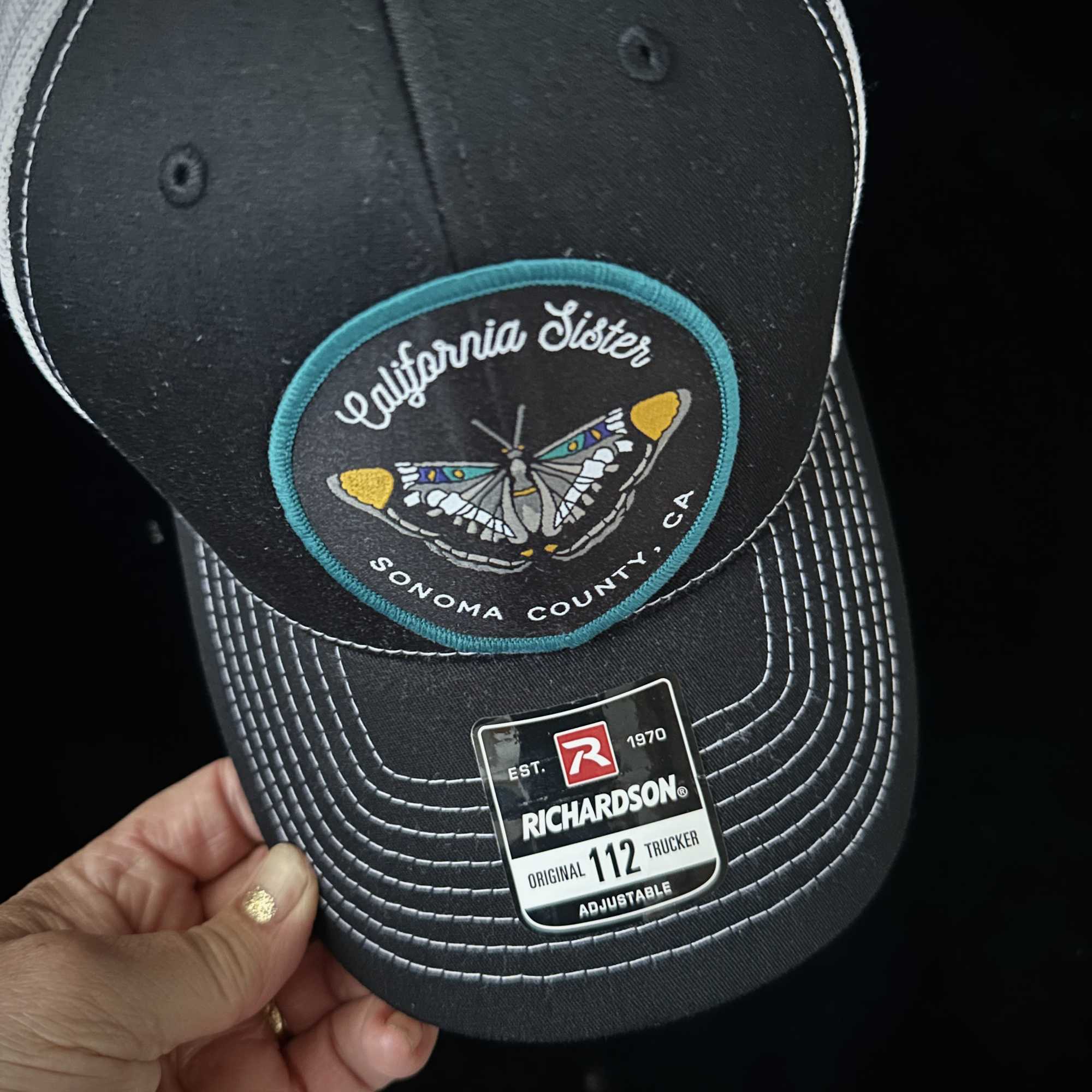 California Sister patch on a white mesh Trucker  ball cap. SnapBack, photo 3 of 3
