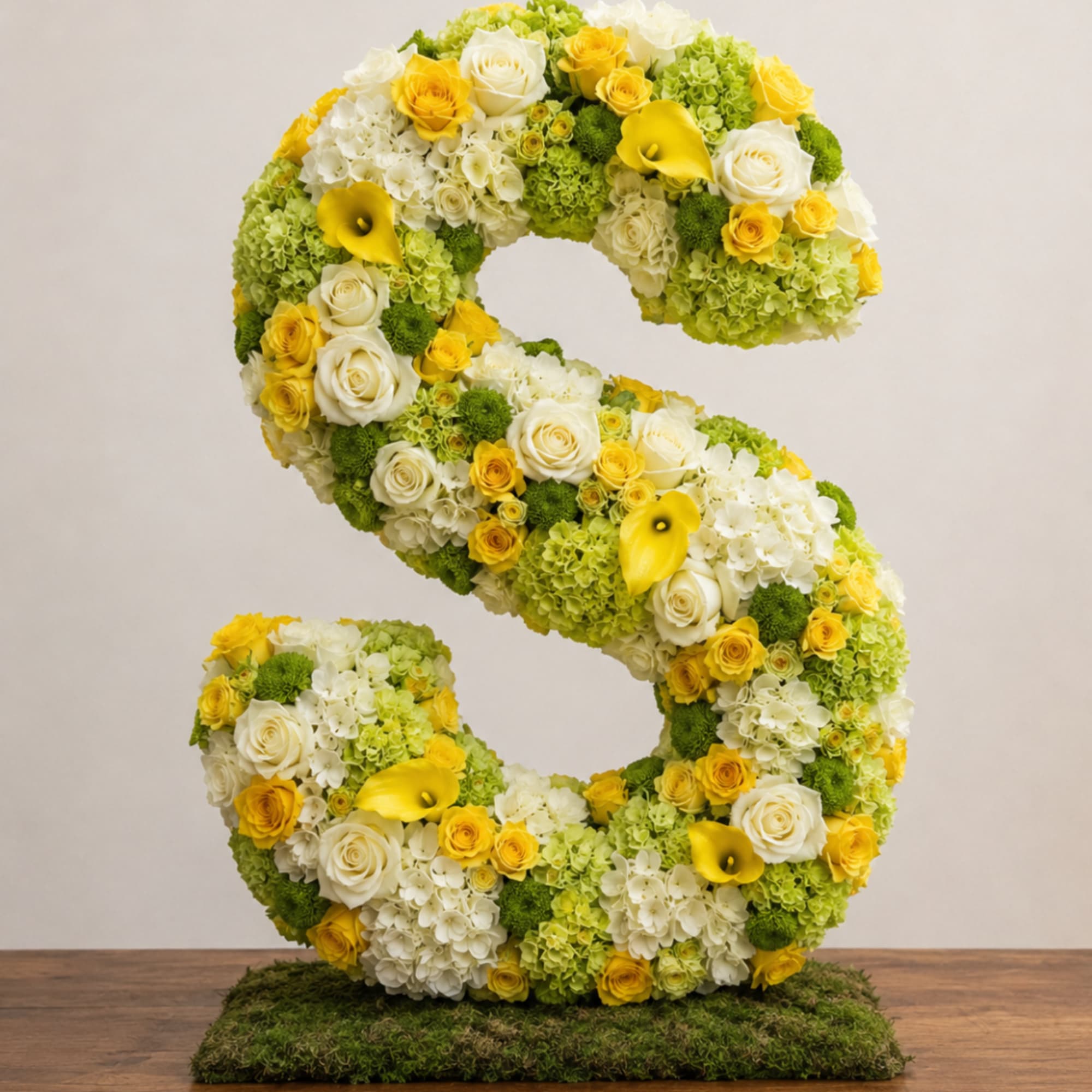 Large floral letter S made of yellow, white, and green flowers