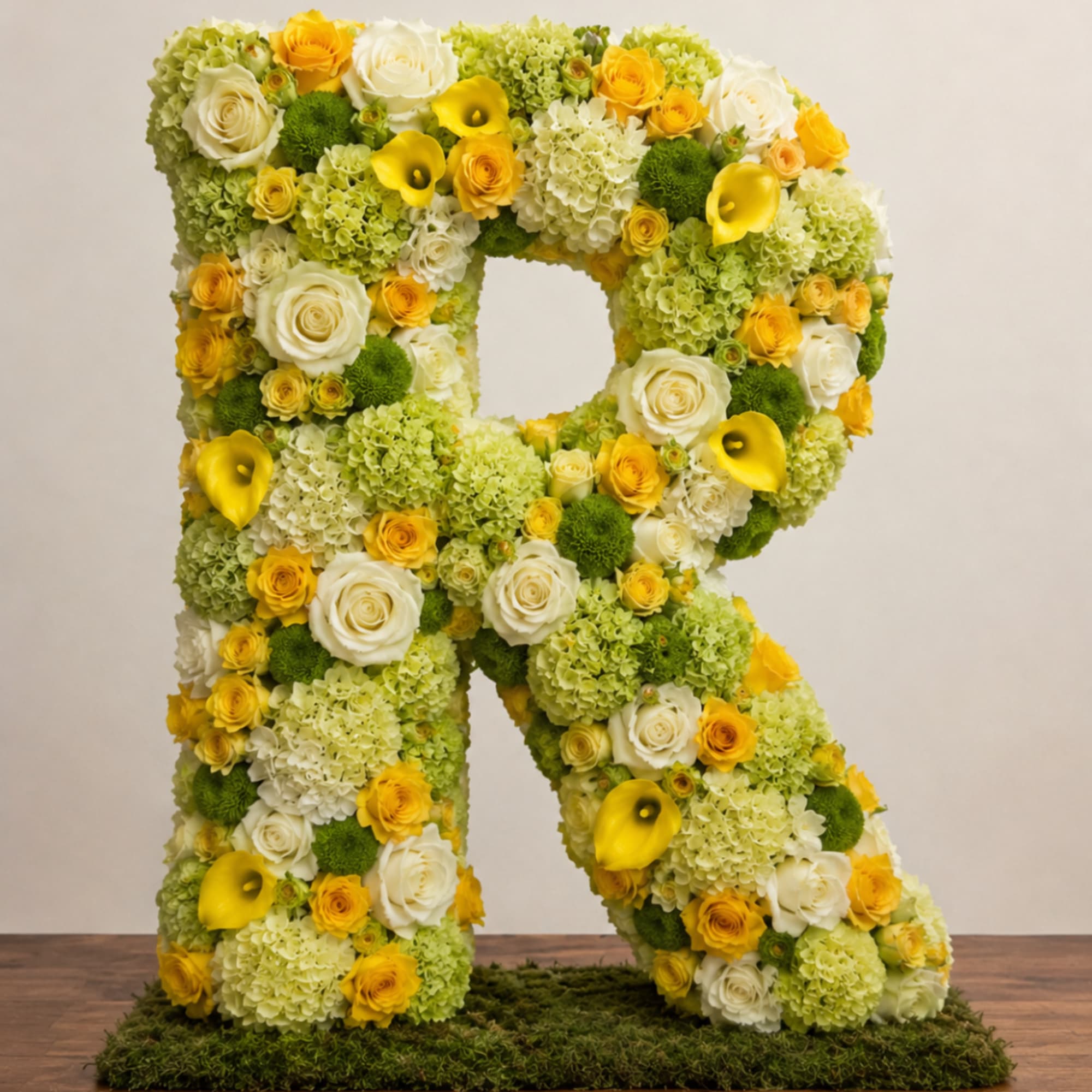 Large floral letter R made of yellow, white, and green flowers