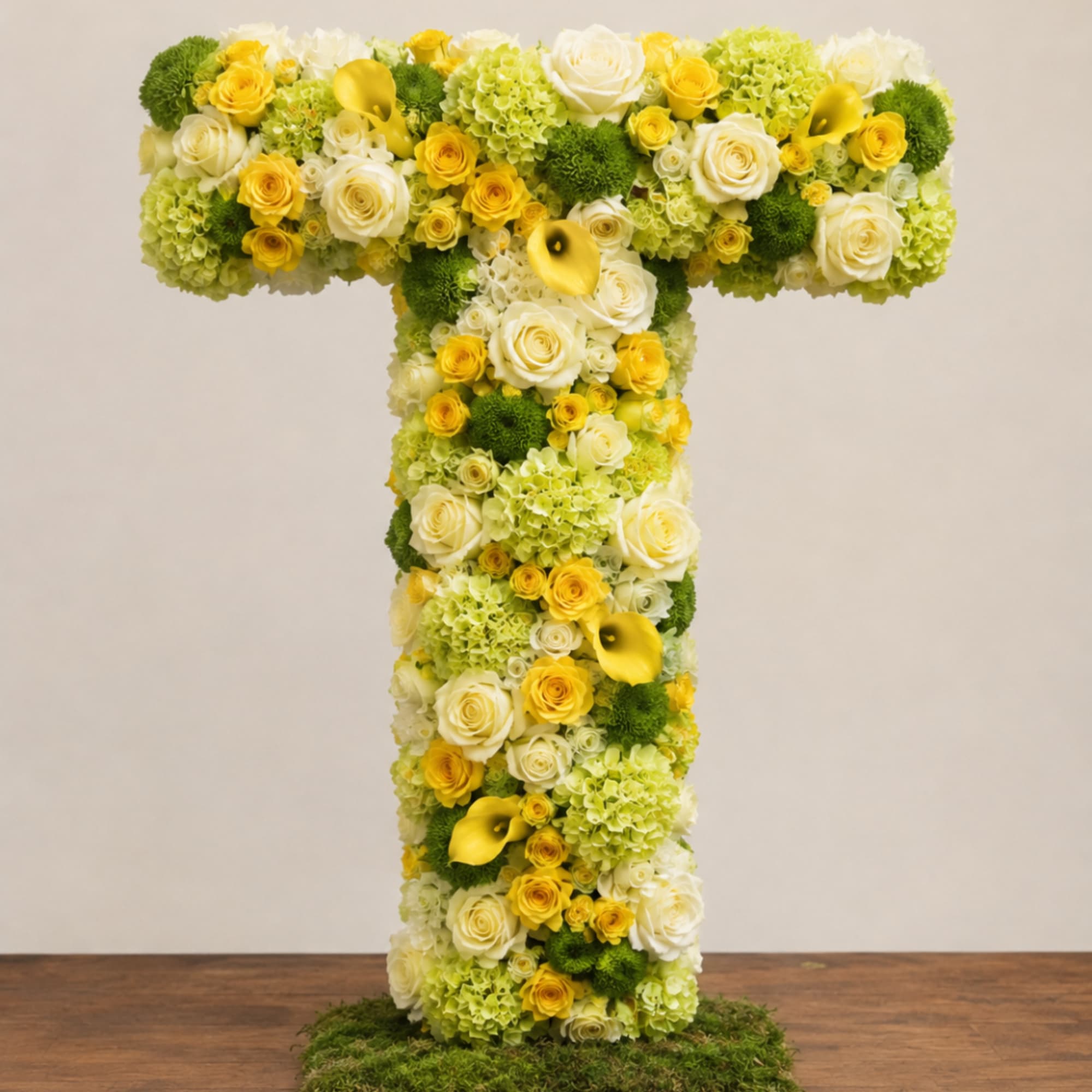 Floral arrangement shaped like a large letter T with yellow and white blooms