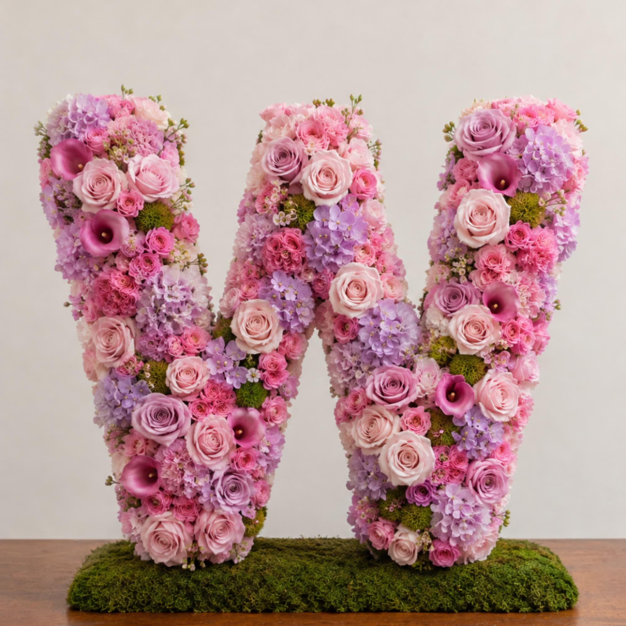 Pink and lavender floral arrangement shaped like the letter W