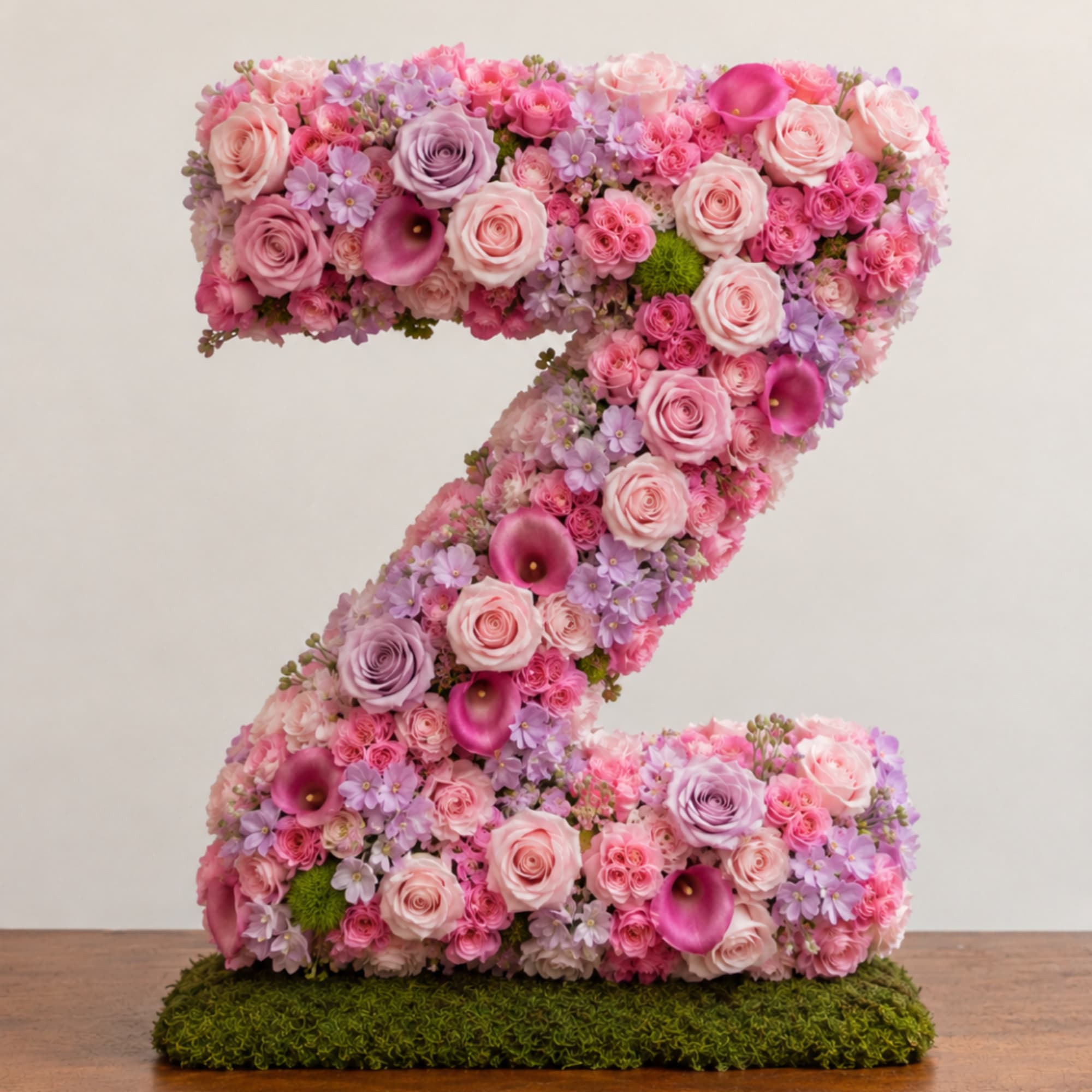 Large floral arrangement shaped like the number 7 in pink and lavender flowers