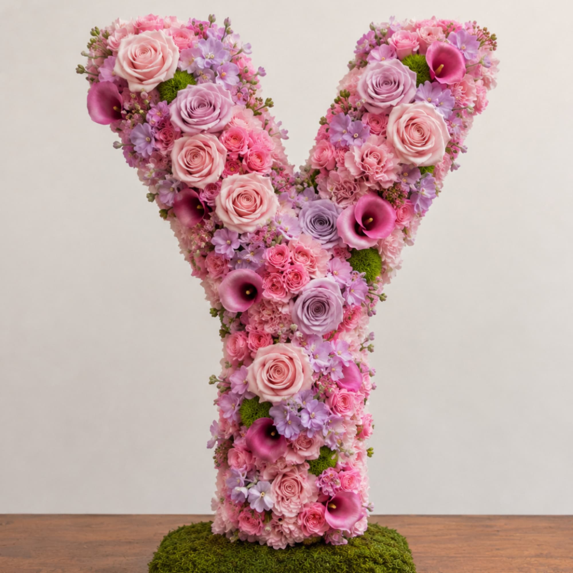 Pink and lavender floral arrangement shaped like a letter Y on a moss base