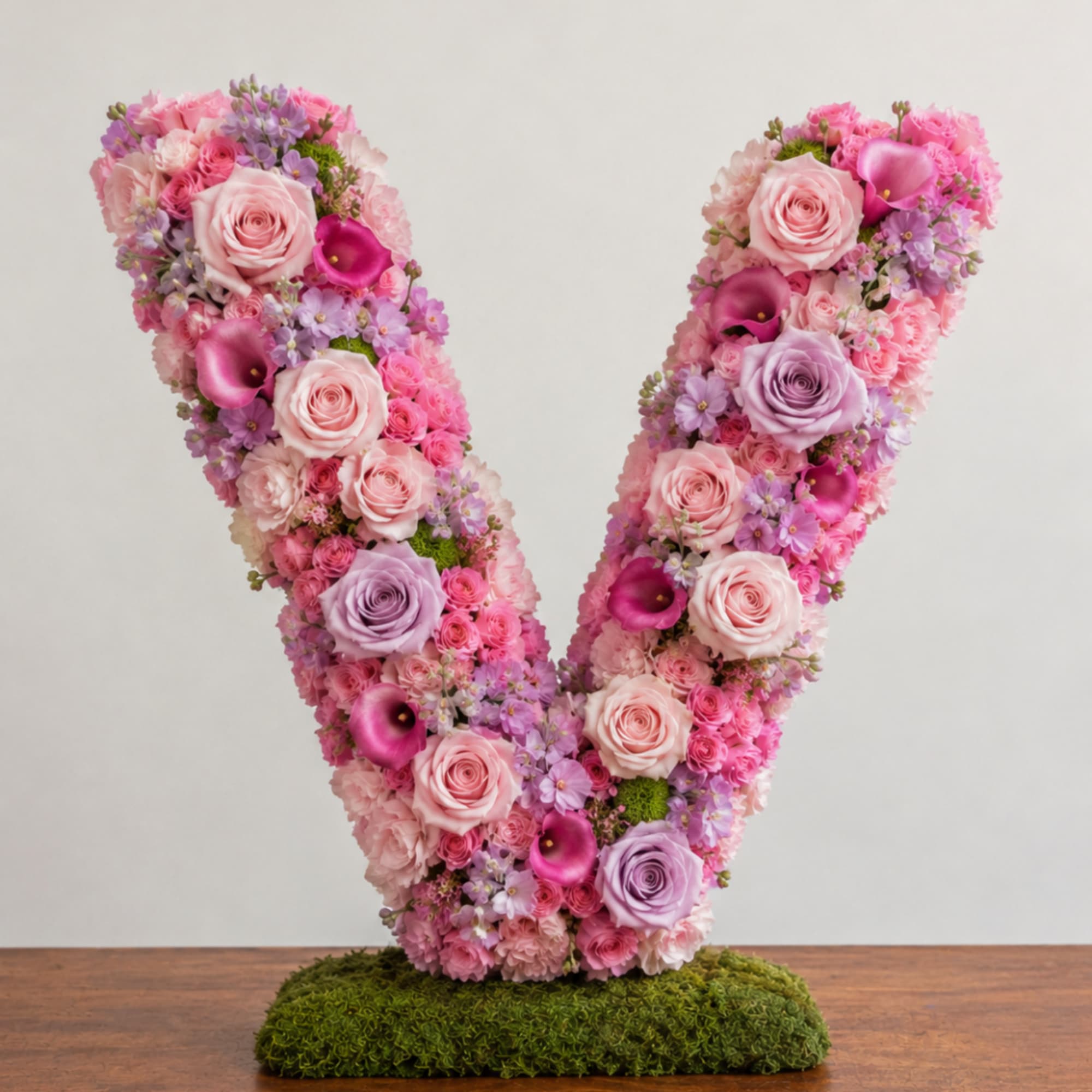 Pink and lavender floral arrangement shaped like the letter V on a moss base