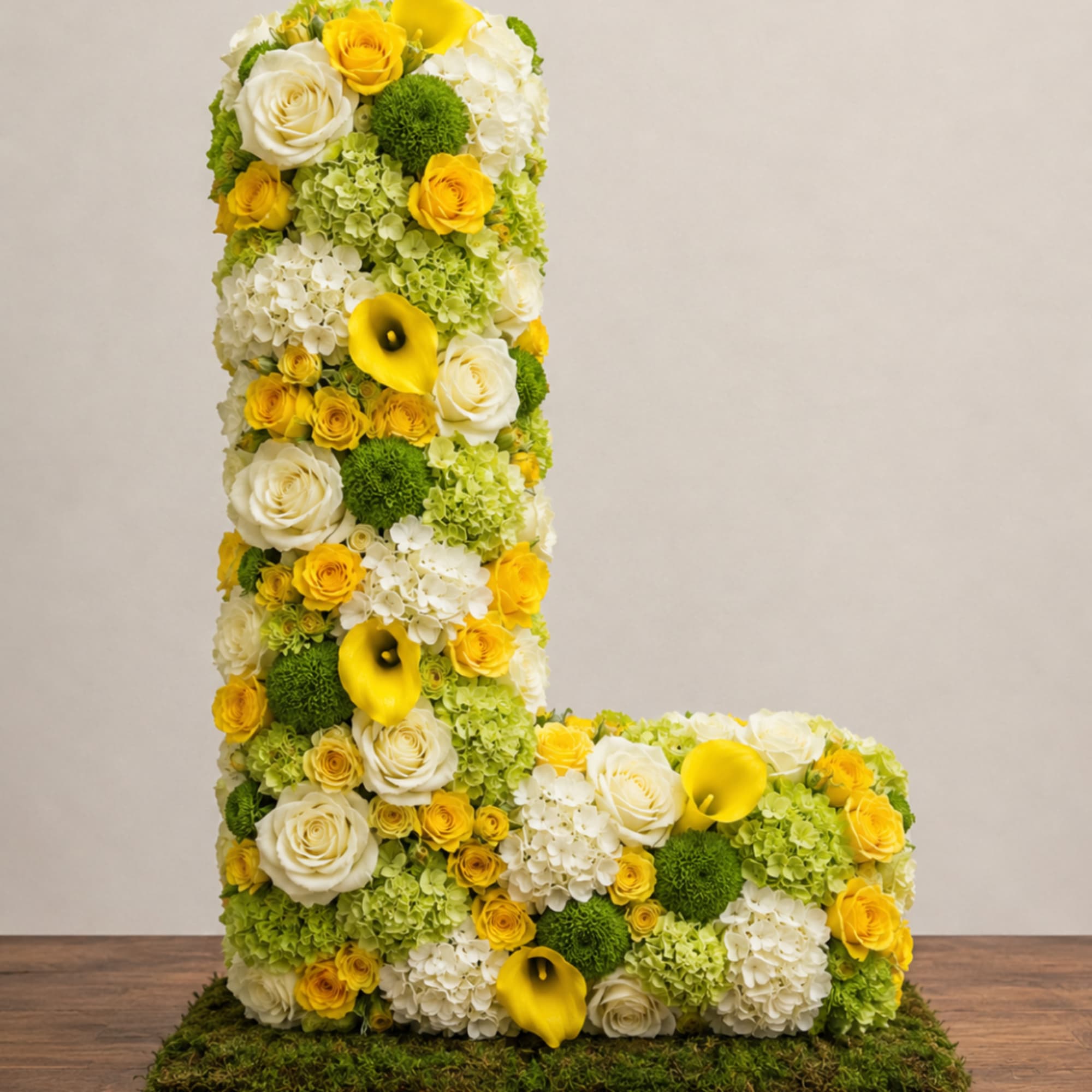 Tall floral letter L covered in white, yellow, and green flowers