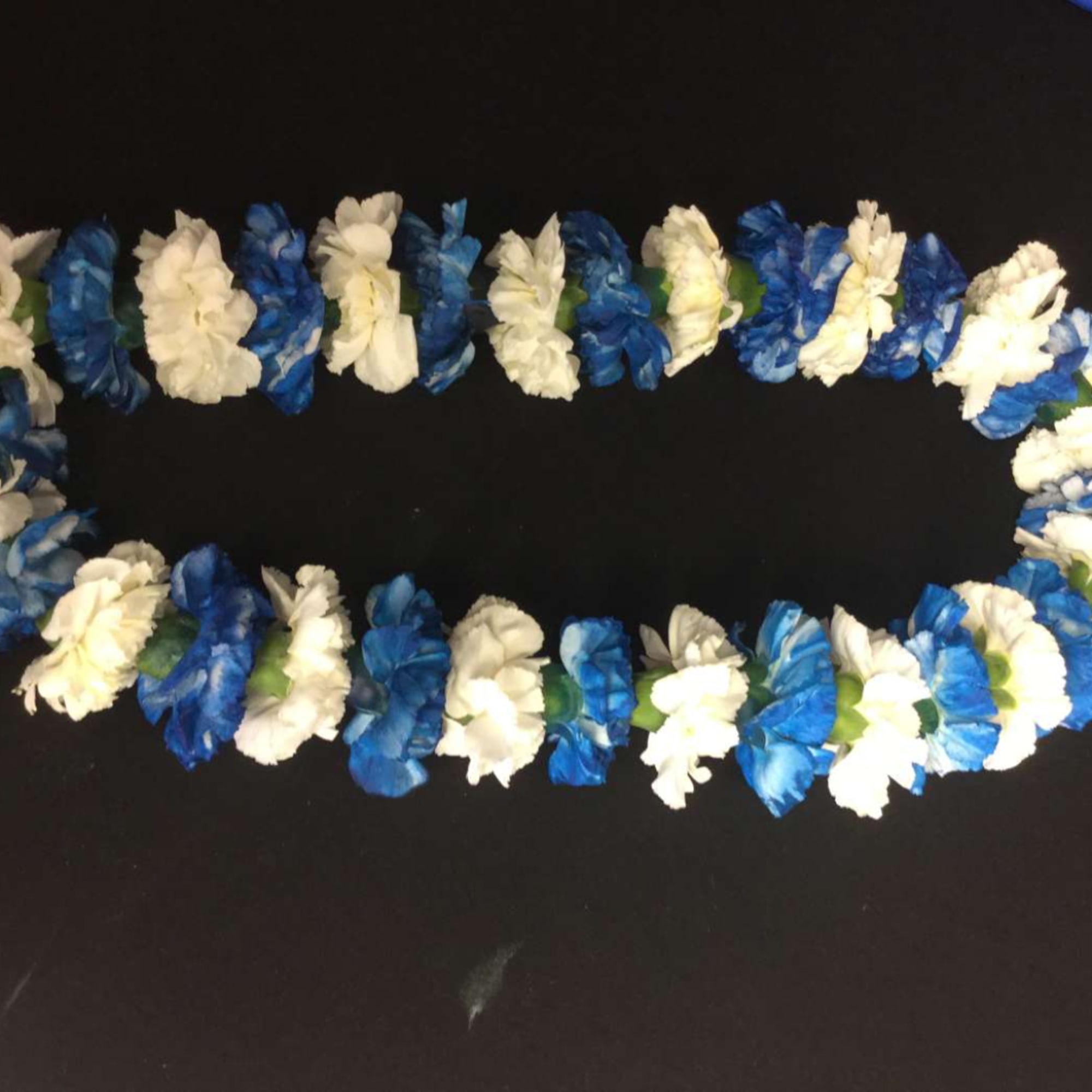 Blue and white flower garlands arranged on a black background