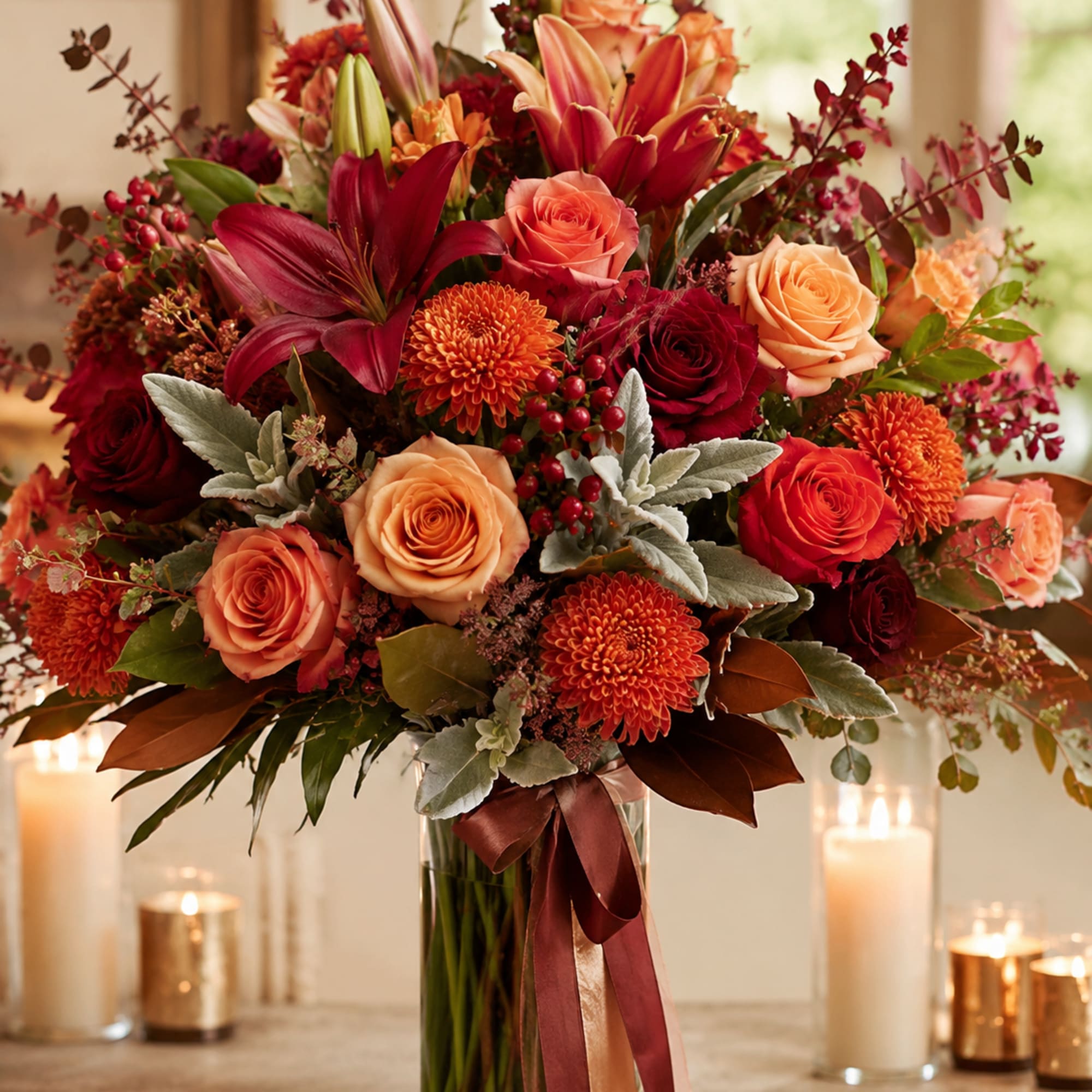 Velvety deep red and warm pumpkin-orange blooms mingle with blush pink and