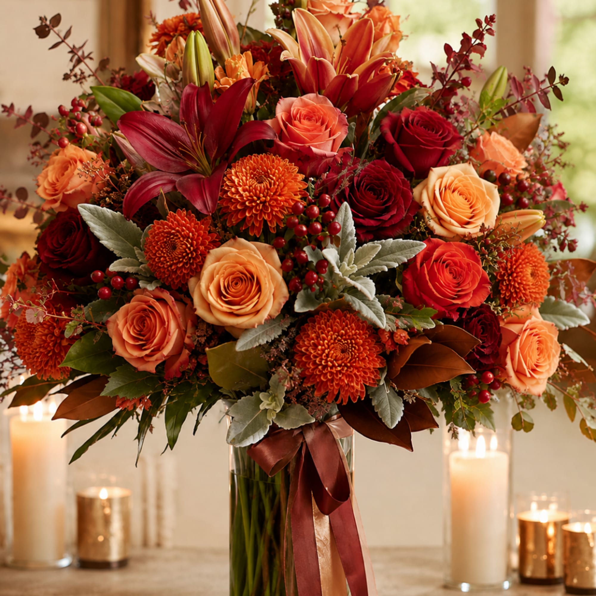 Large bouquet of orange and red roses with lilies in a glass vase