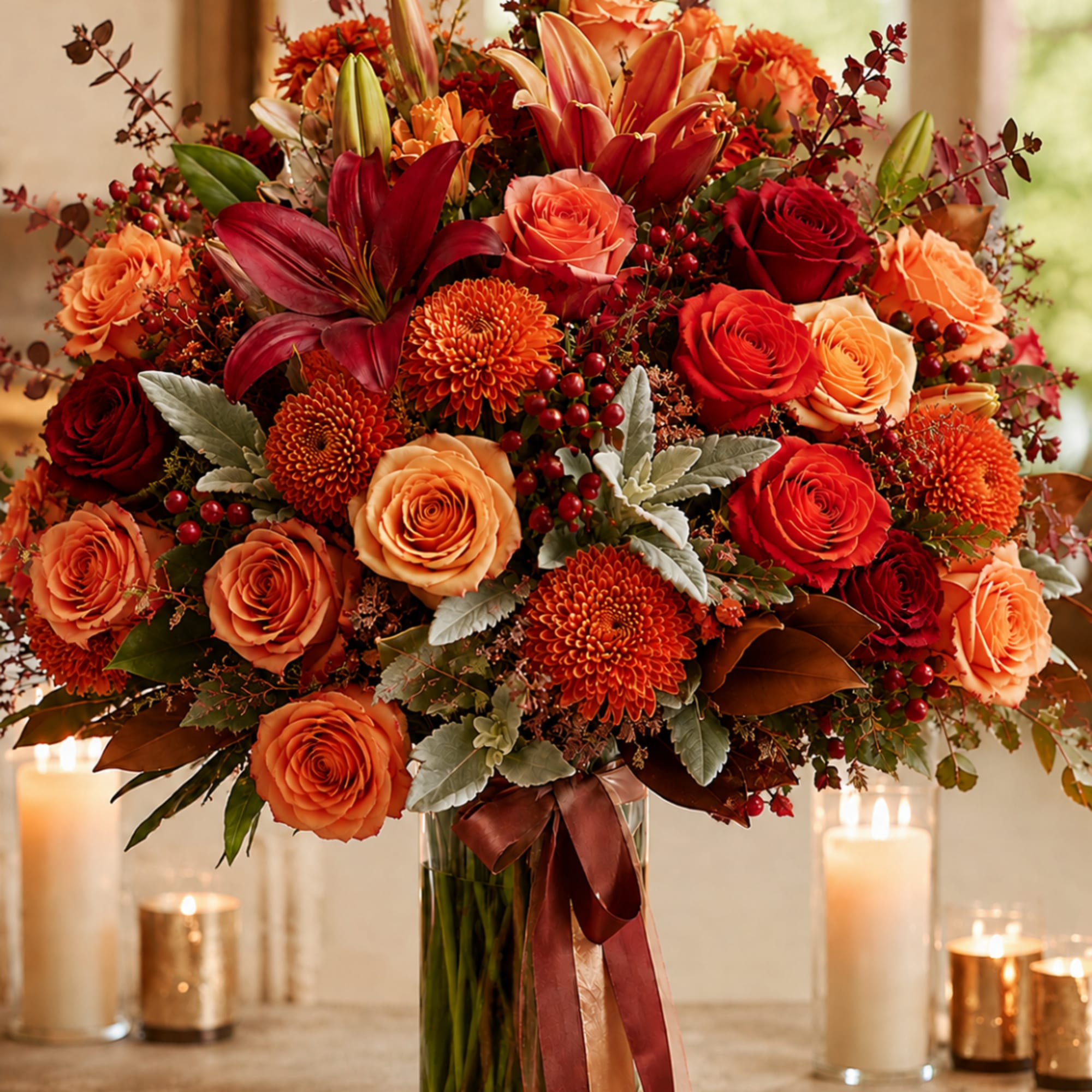 Large bouquet of red and orange roses with lilies and mums in a glass vase