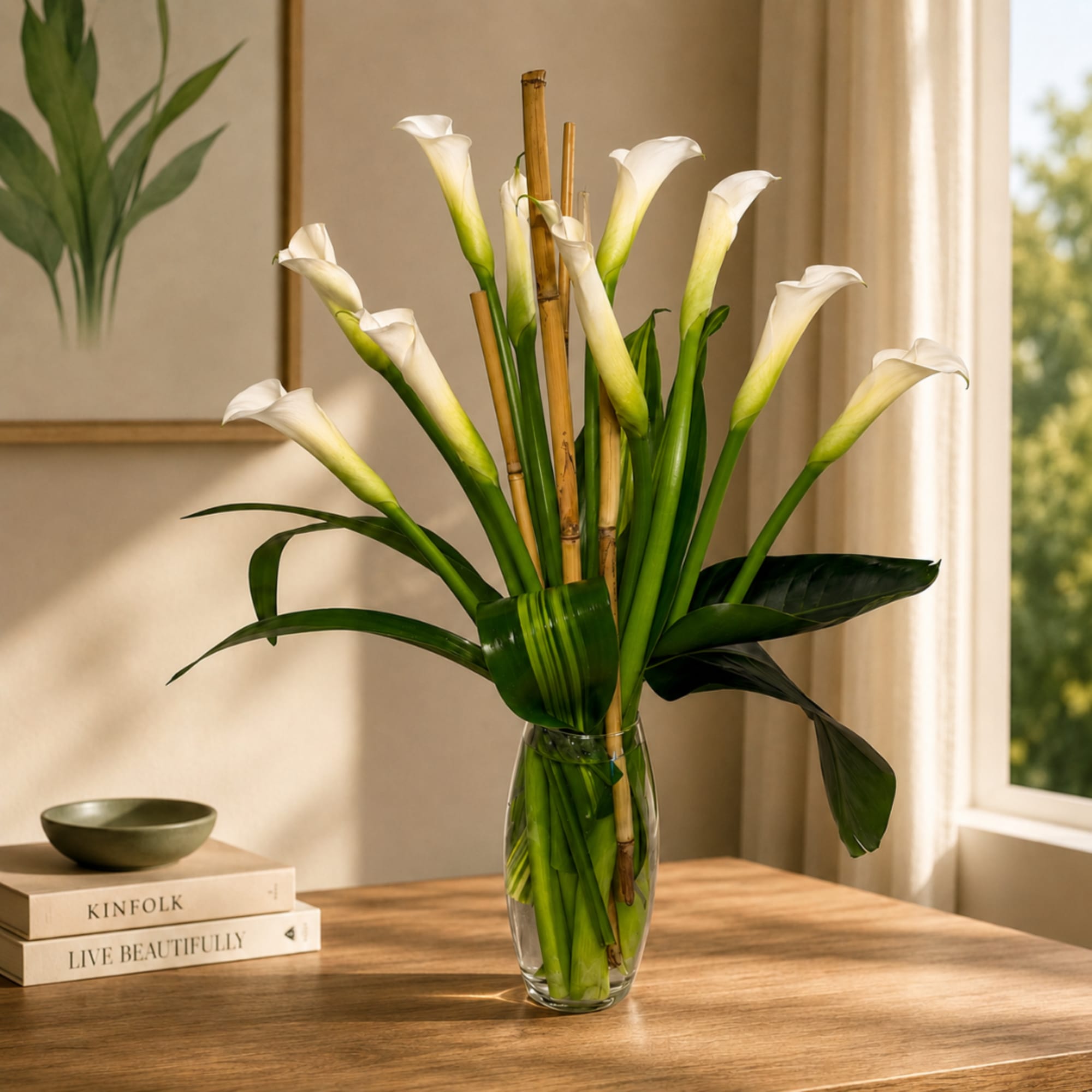 White calla lilies in a clear glass vase on a wooden table