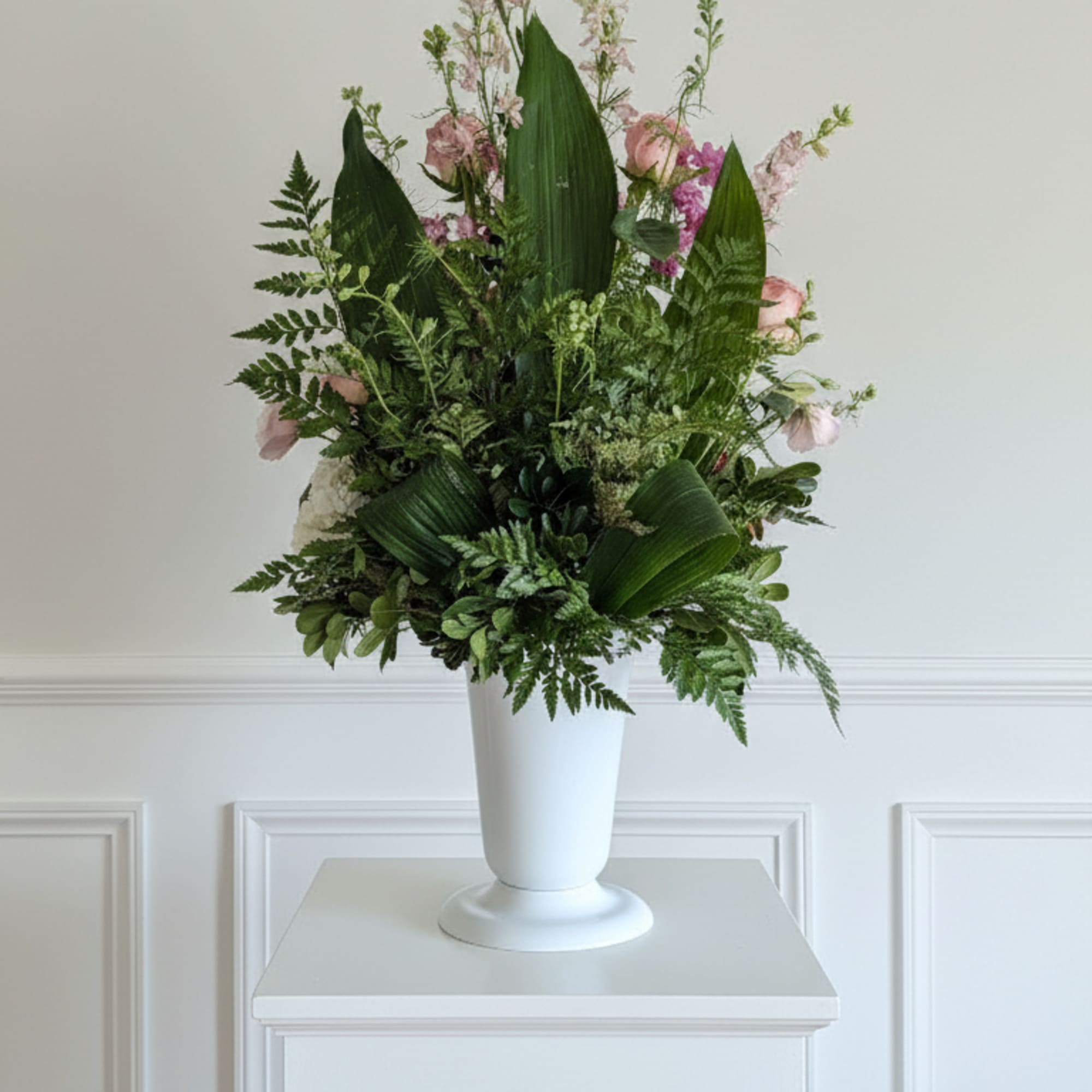This elegant arrangement features soft blush and pink blooms including roses, lilies, photo 2 of 2
