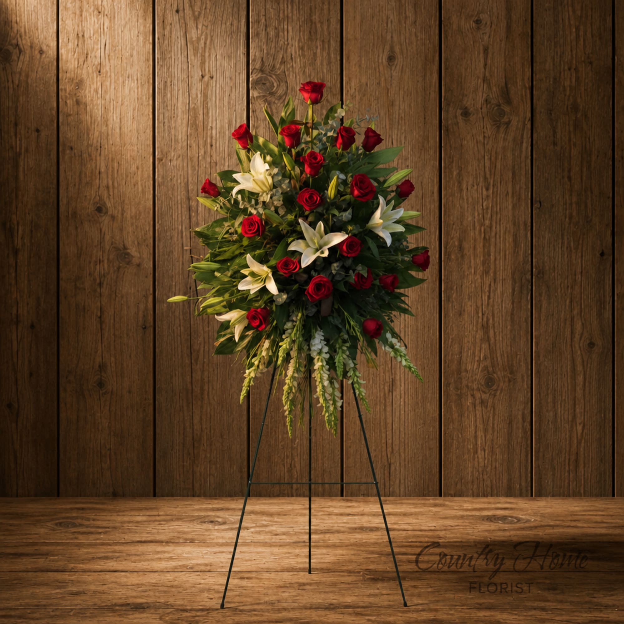 Standing floral spray with red roses and white lilies on an easel