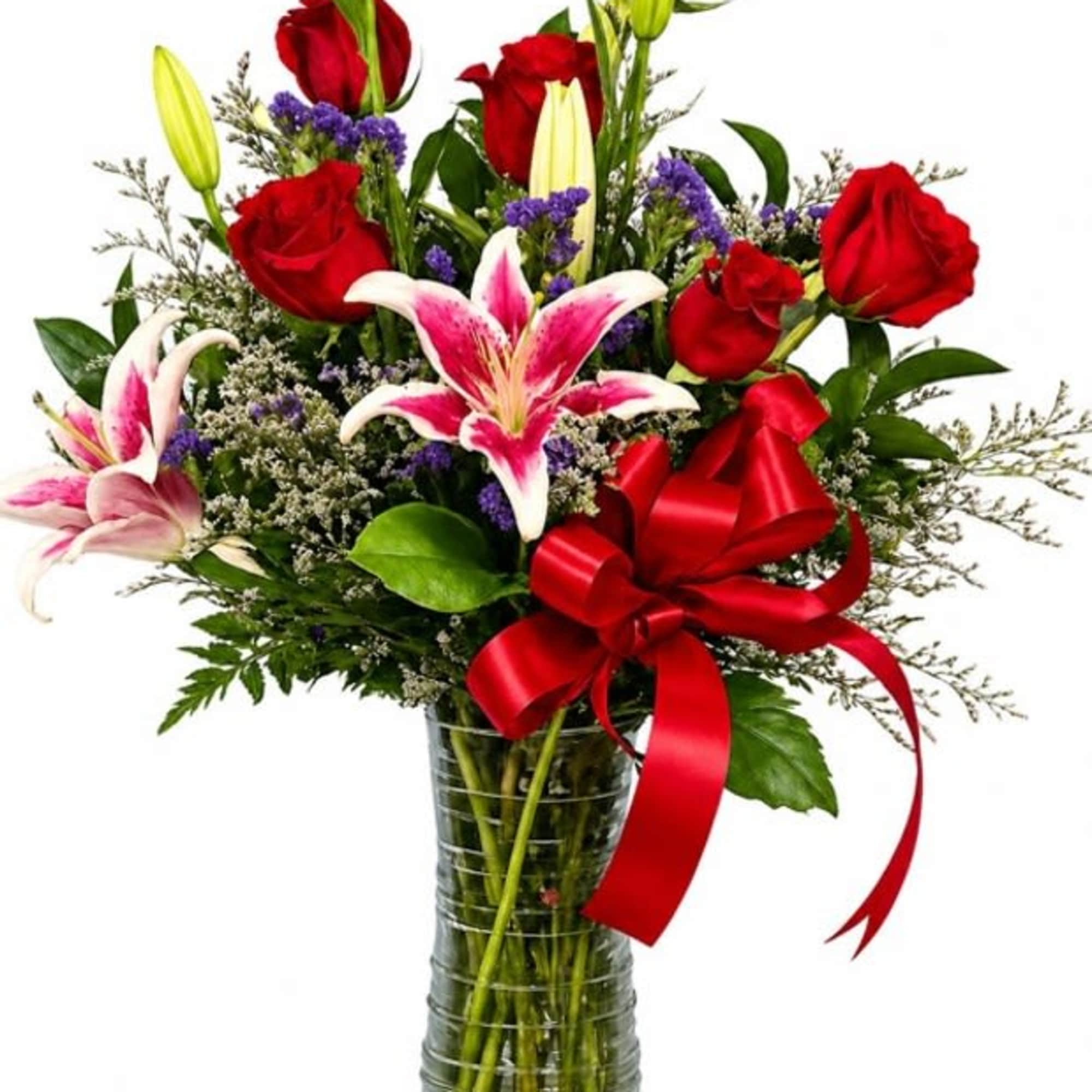Half of a dozen of red roses arranged in a glass vase, photo 2 of 2