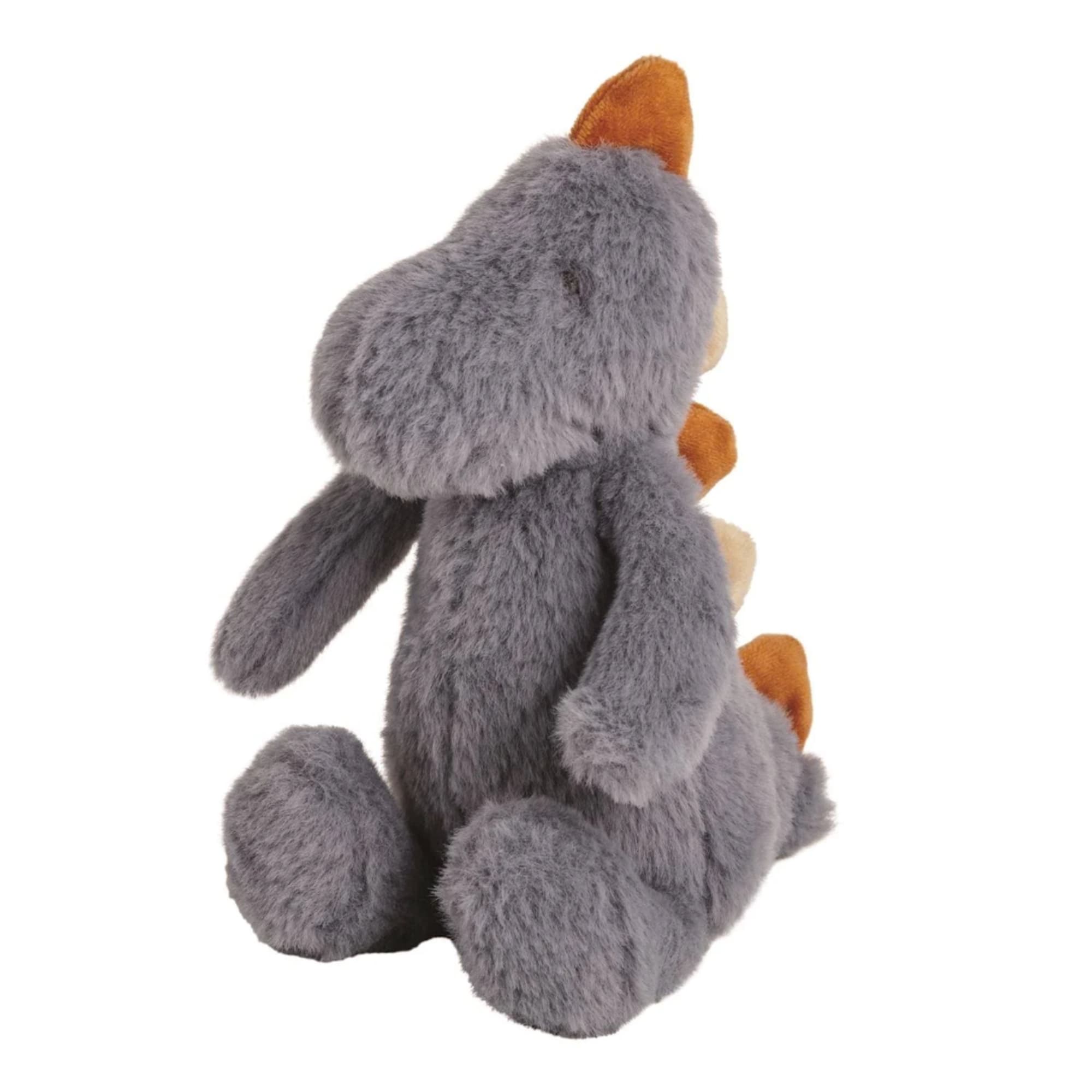 Gray plush dinosaur toy with orange accents on a white background