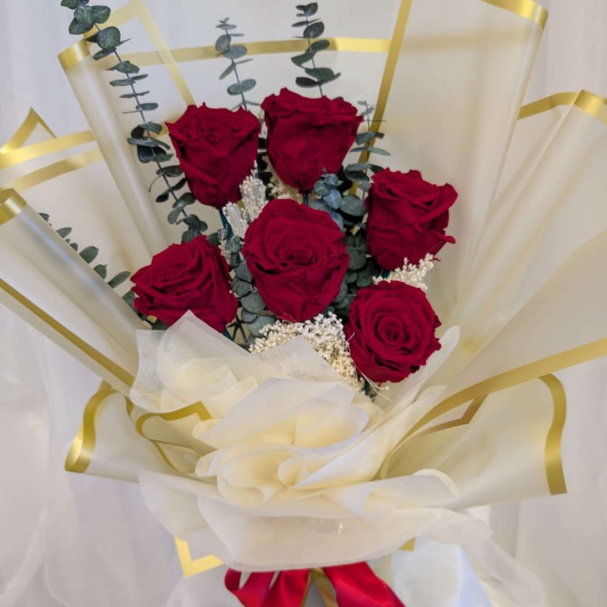 Preserved Florals: Six Red Preserved Roses with preserved Baby's Breath filler and, photo 2 of 2